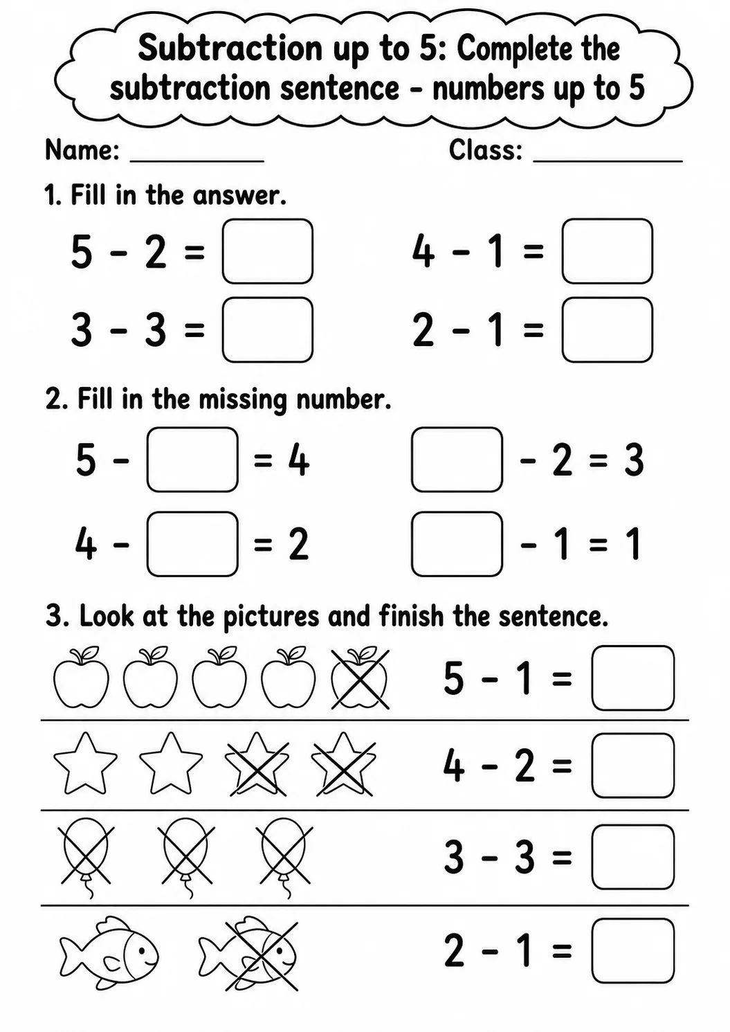 Kindergarten Subtraction up to 5 Math Worksheet Pack page 5 printable worksheet preview