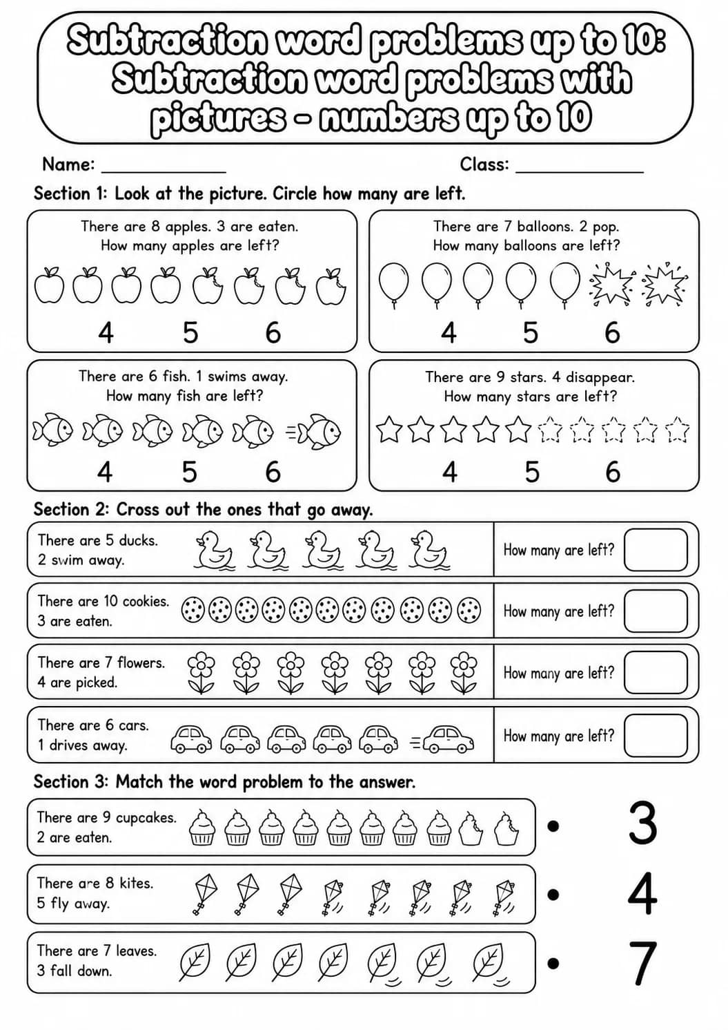 Kindergarten Subtraction Word Problems up to 10 Math Worksheet Pack printable worksheet pack preview