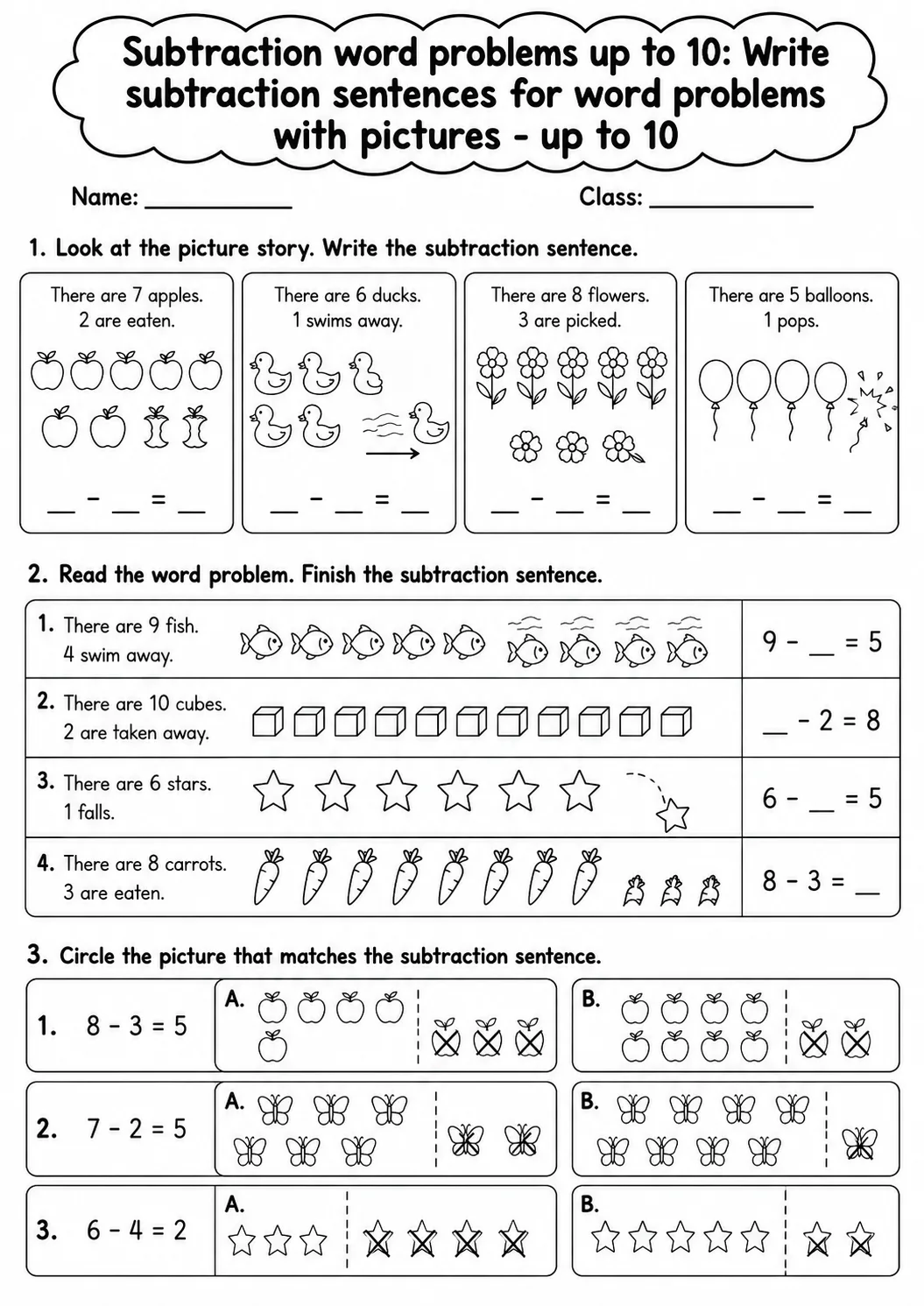 Kindergarten Subtraction Word Problems up to 10 Math Worksheet Pack page 2 printable worksheet preview
