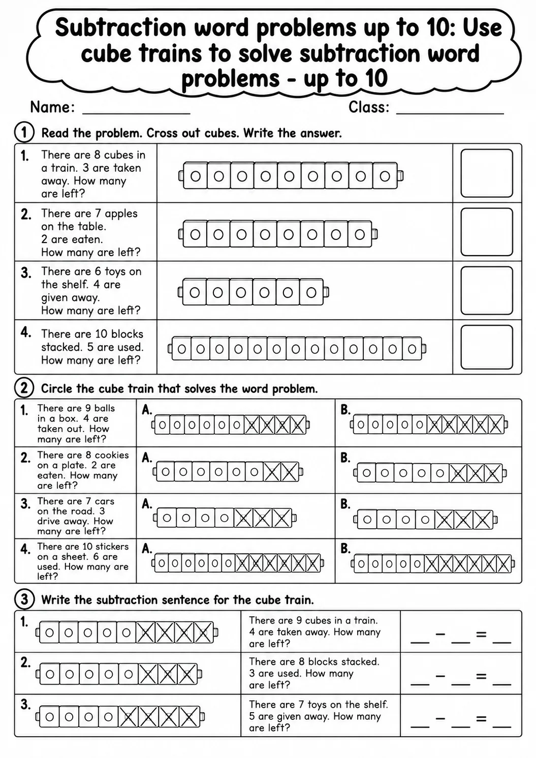 Kindergarten Subtraction Word Problems up to 10 Math Worksheet Pack page 3 printable worksheet preview