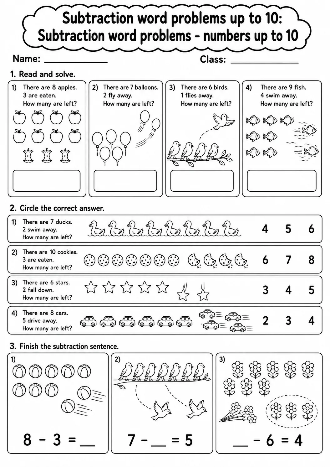 Kindergarten Subtraction Word Problems up to 10 Math Worksheet Pack page 4 printable worksheet preview