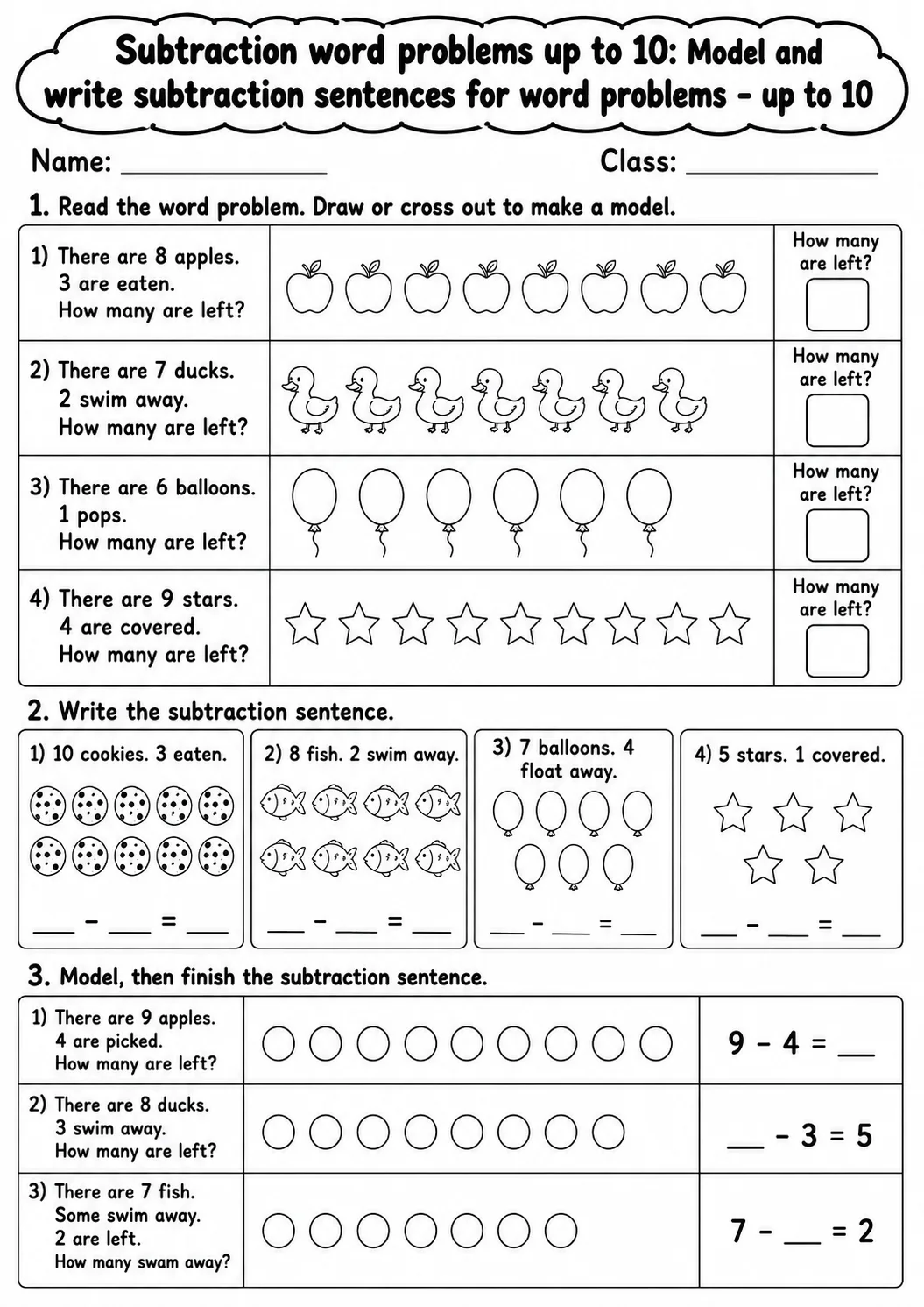 Kindergarten Subtraction Word Problems up to 10 Math Worksheet Pack page 5 printable worksheet preview