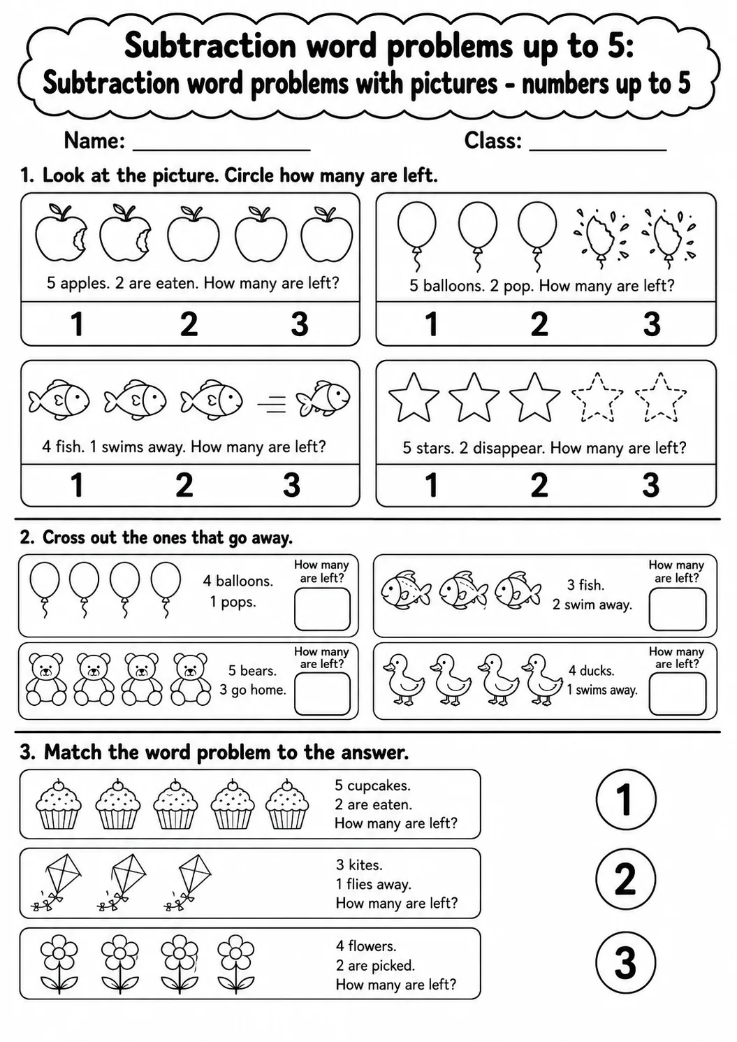 Kindergarten Subtraction Word Problems up to 5 Math Worksheet Pack printable worksheet pack preview