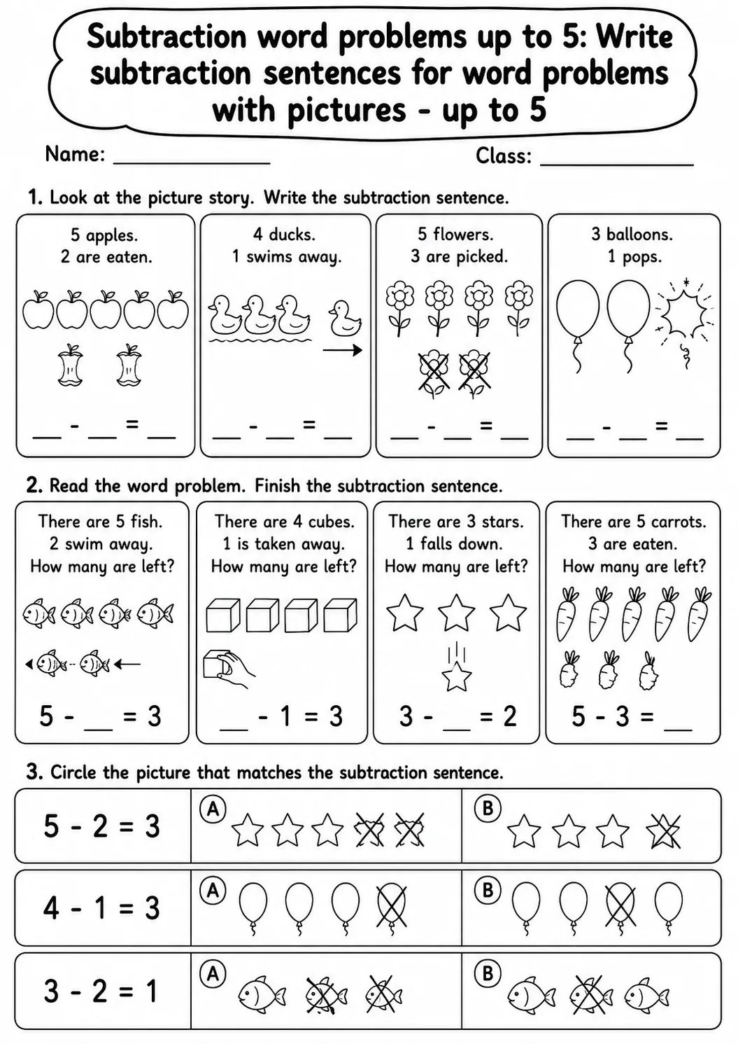 Kindergarten Subtraction Word Problems up to 5 Math Worksheet Pack page 2 printable worksheet preview