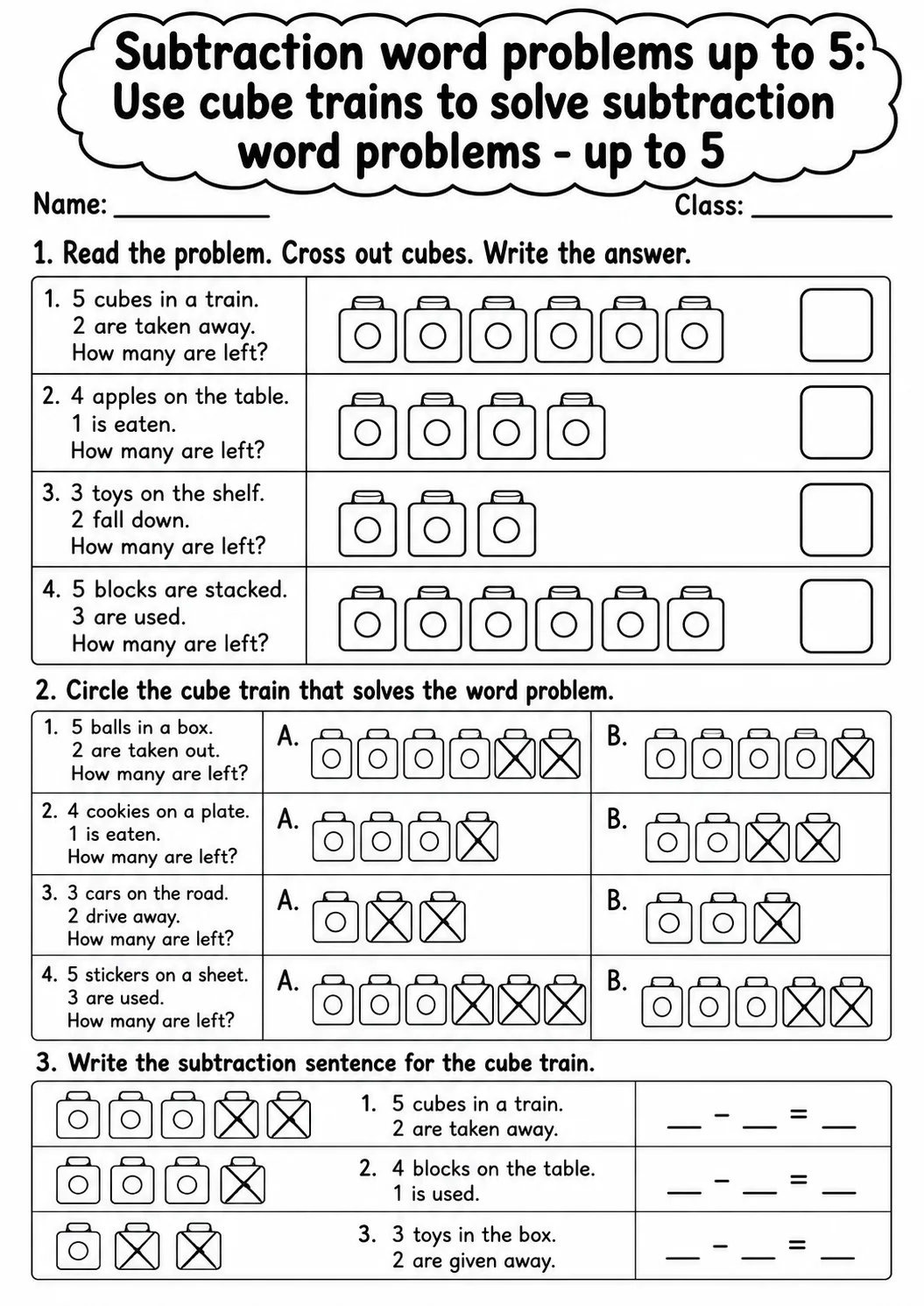 Kindergarten Subtraction Word Problems up to 5 Math Worksheet Pack page 3 printable worksheet preview
