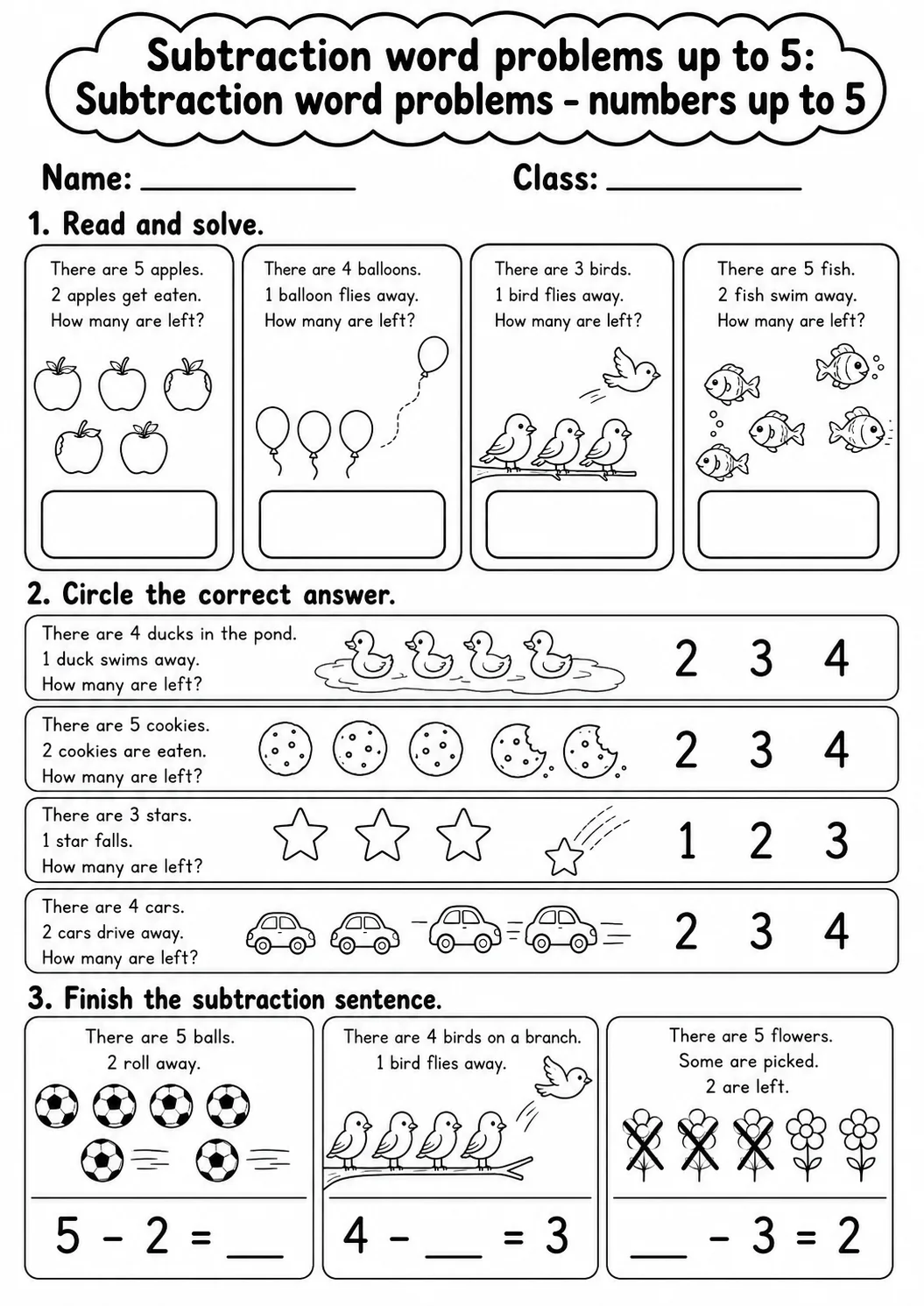 Kindergarten Subtraction Word Problems up to 5 Math Worksheet Pack page 4 printable worksheet preview
