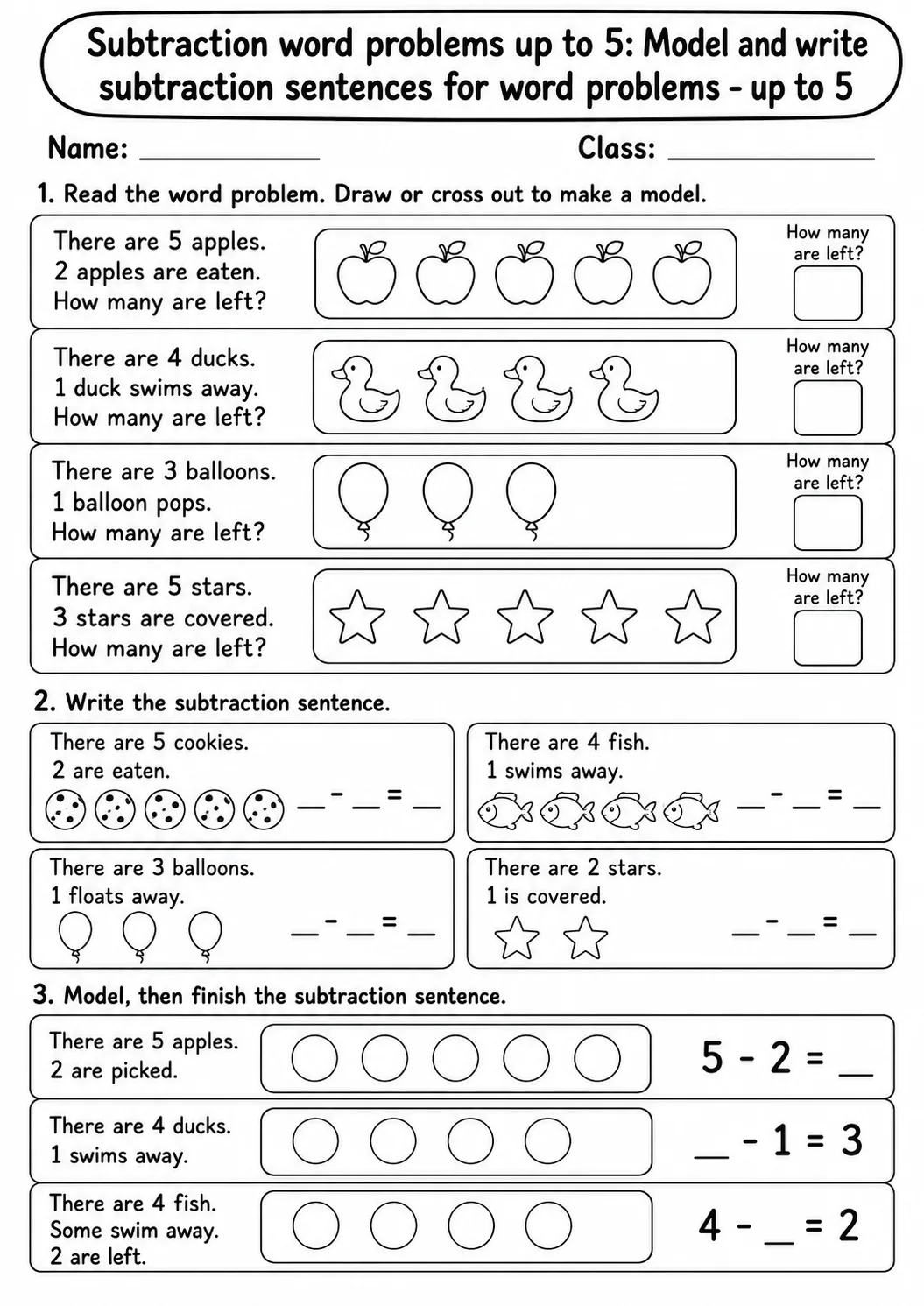 Kindergarten Subtraction Word Problems up to 5 Math Worksheet Pack page 5 printable worksheet preview