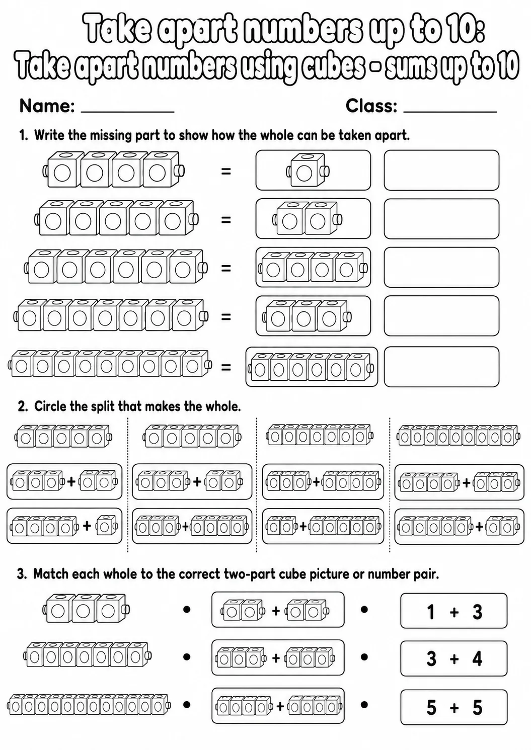 Kindergarten Take Apart Numbers up to 10 Math Worksheet Pack printable worksheet pack preview