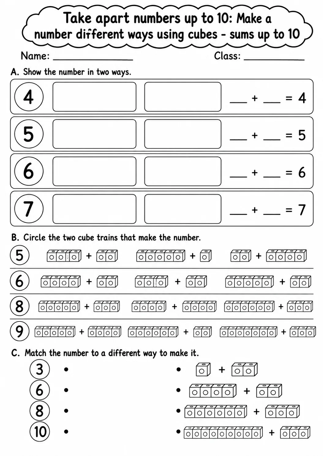 Kindergarten Take Apart Numbers up to 10 Math Worksheet Pack page 2 printable worksheet preview