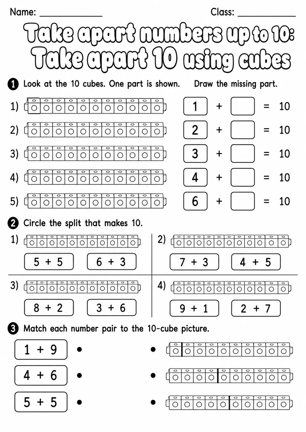 Kindergarten Take Apart Numbers up to 10 Math Worksheet Pack page 3 printable worksheet preview