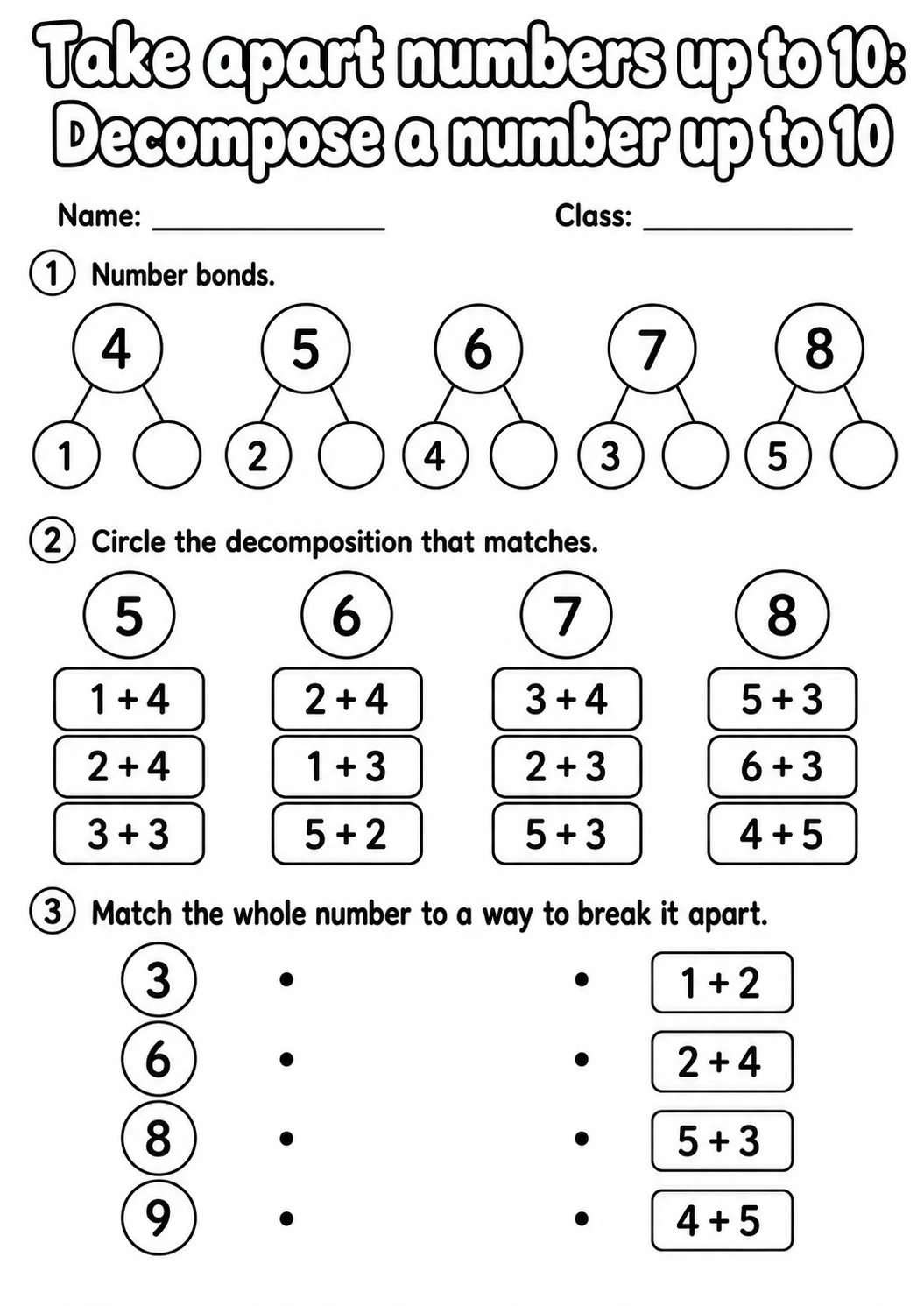 Kindergarten Take Apart Numbers up to 10 Math Worksheet Pack page 4 printable worksheet preview