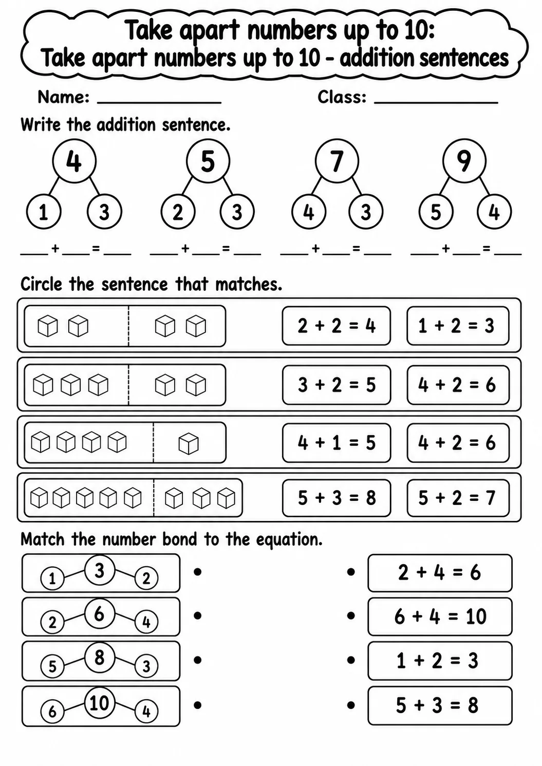 Kindergarten Take Apart Numbers up to 10 Math Worksheet Pack page 5 printable worksheet preview