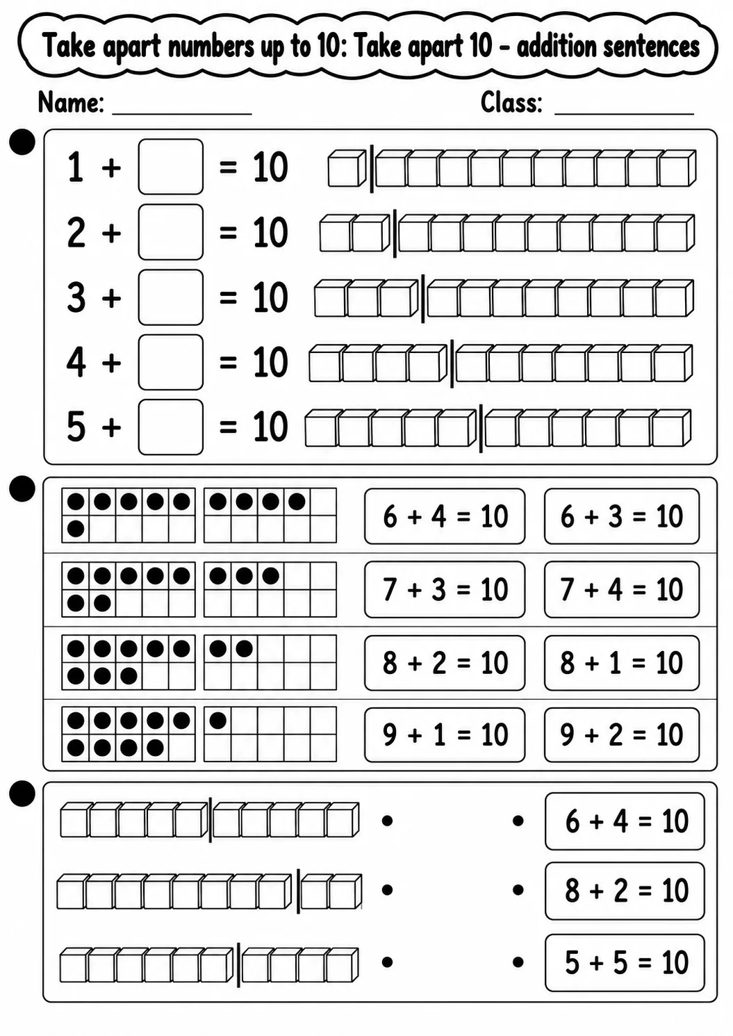 Kindergarten Take Apart Numbers up to 10 Math Worksheet Pack page 6 printable worksheet preview
