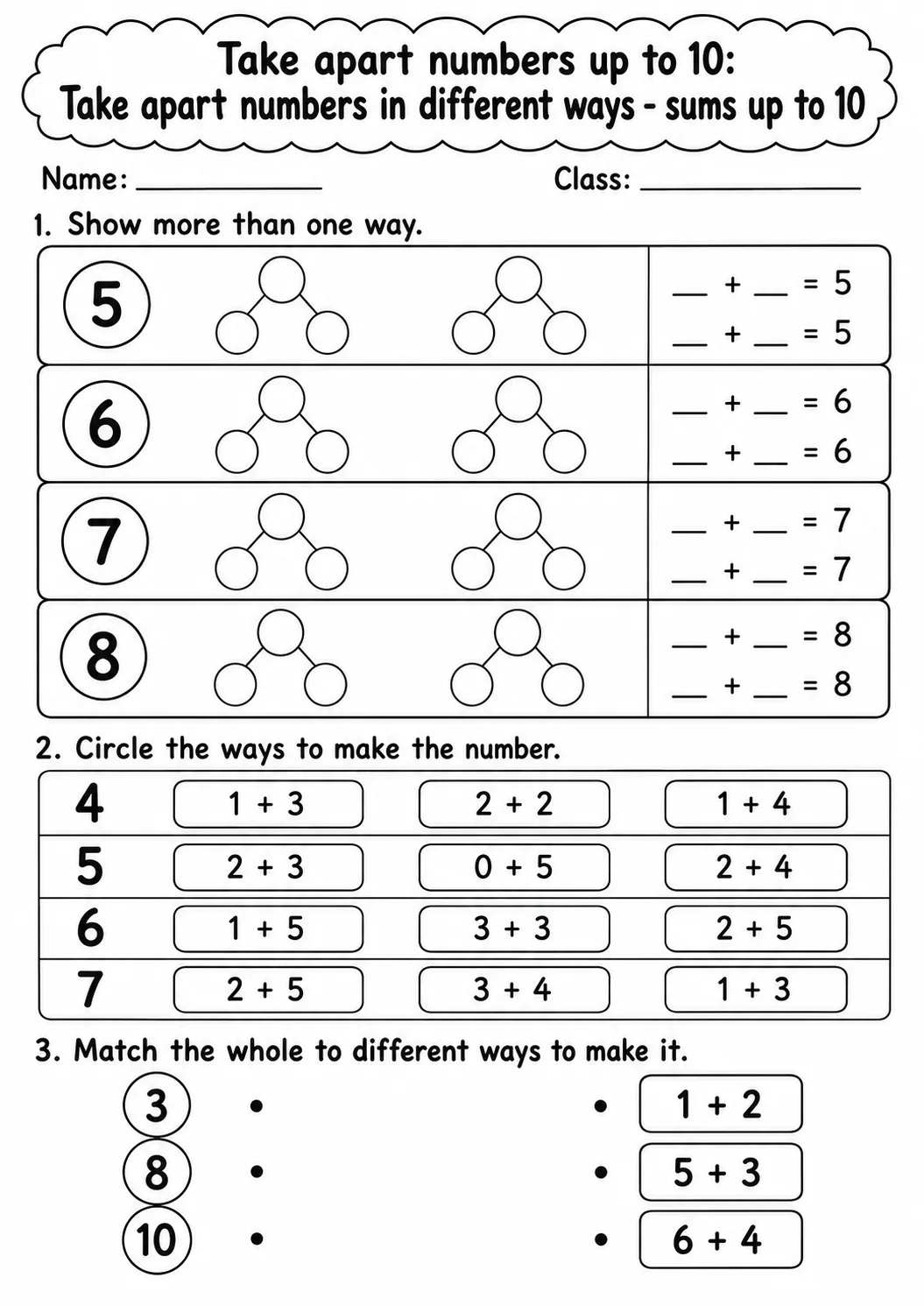 Kindergarten Take Apart Numbers up to 10 Math Worksheet Pack page 7 printable worksheet preview