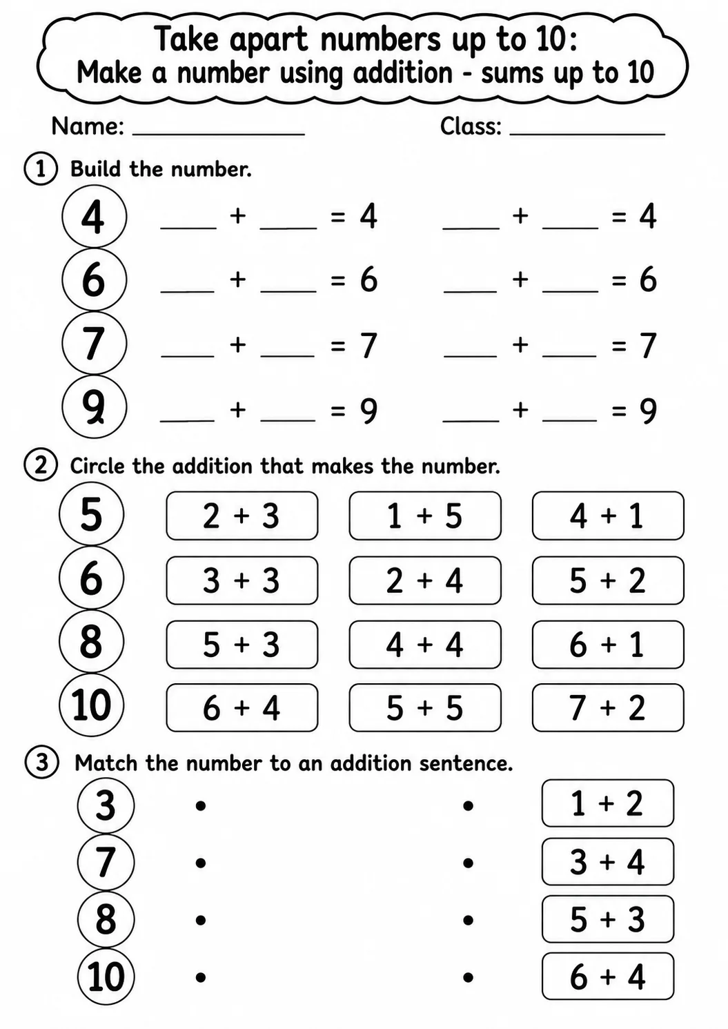 Kindergarten Take Apart Numbers up to 10 Math Worksheet Pack page 8 printable worksheet preview