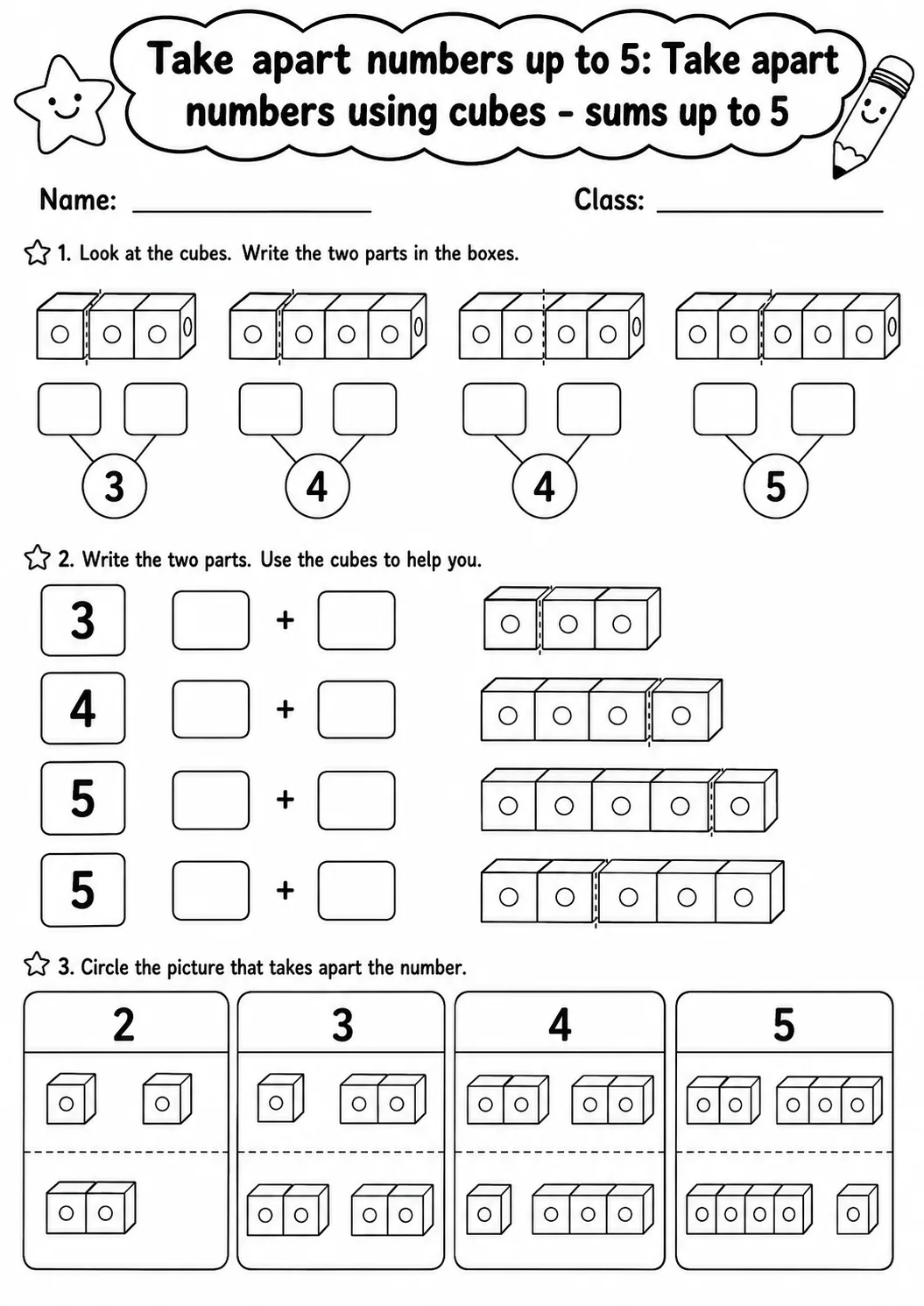 Kindergarten Take Apart Numbers up to 5 Math Worksheet Pack page 2 printable worksheet preview