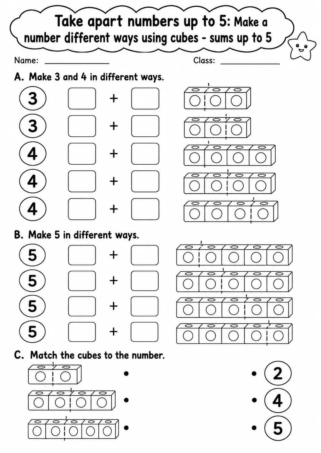 Kindergarten Take Apart Numbers up to 5 Math Worksheet Pack page 4 printable worksheet preview