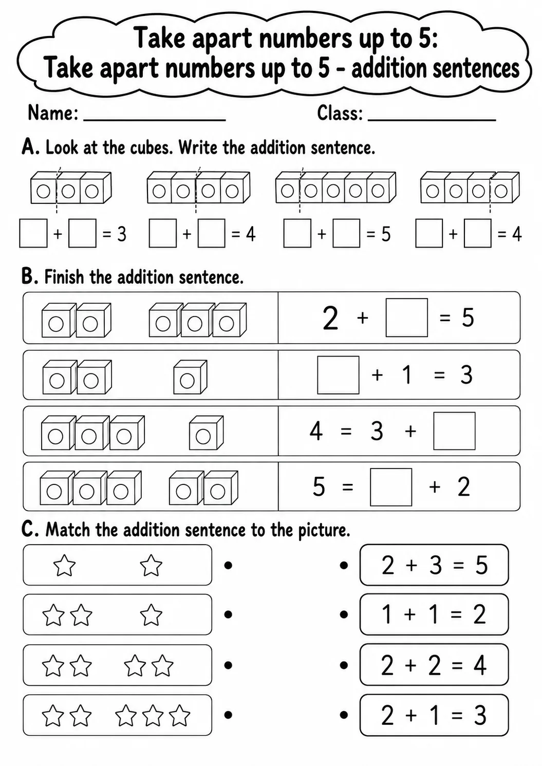 Kindergarten Take Apart Numbers up to 5 Math Worksheet Pack page 5 printable worksheet preview