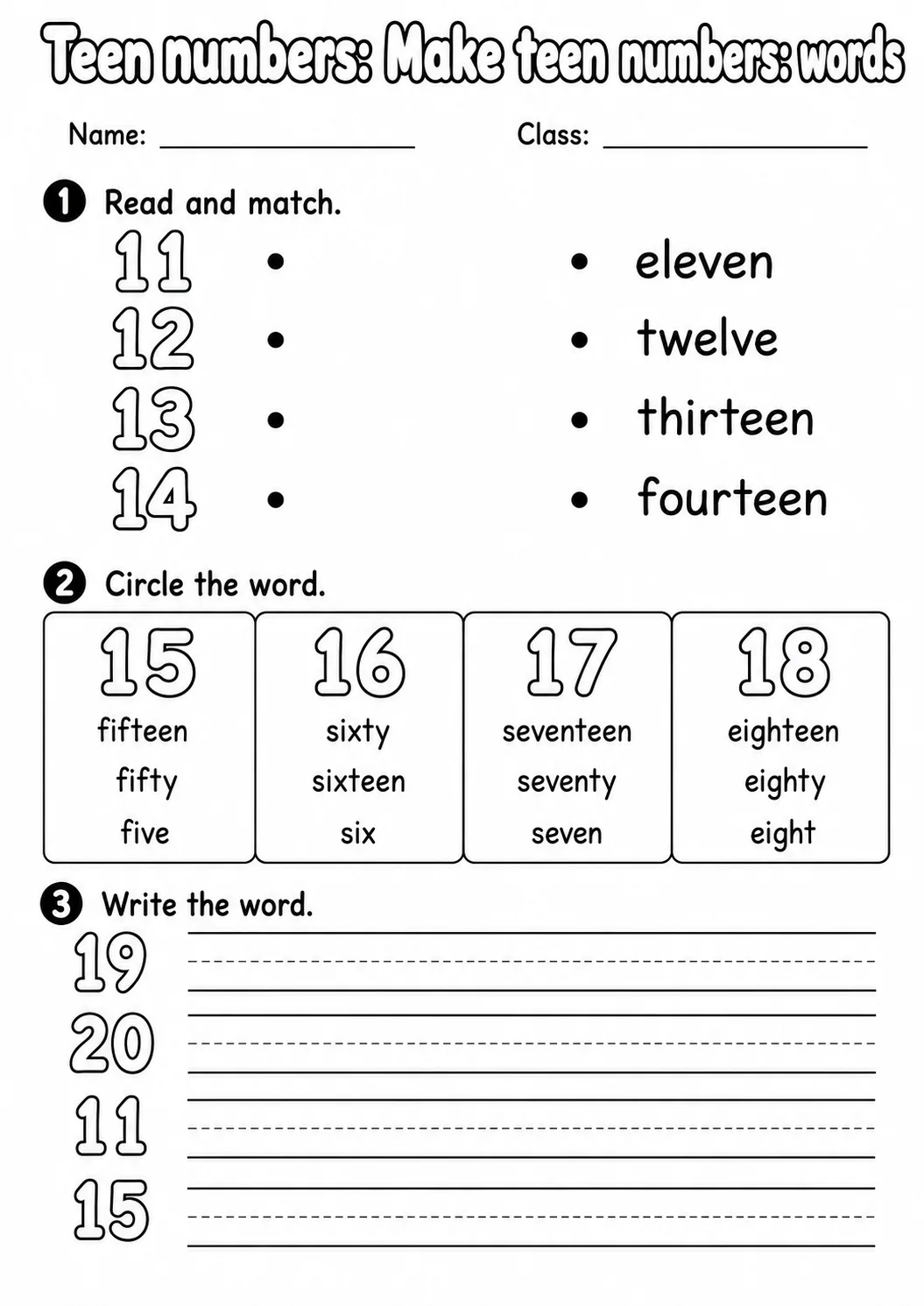 Kindergarten Teen Numbers Math Worksheet Pack page 2 printable worksheet preview