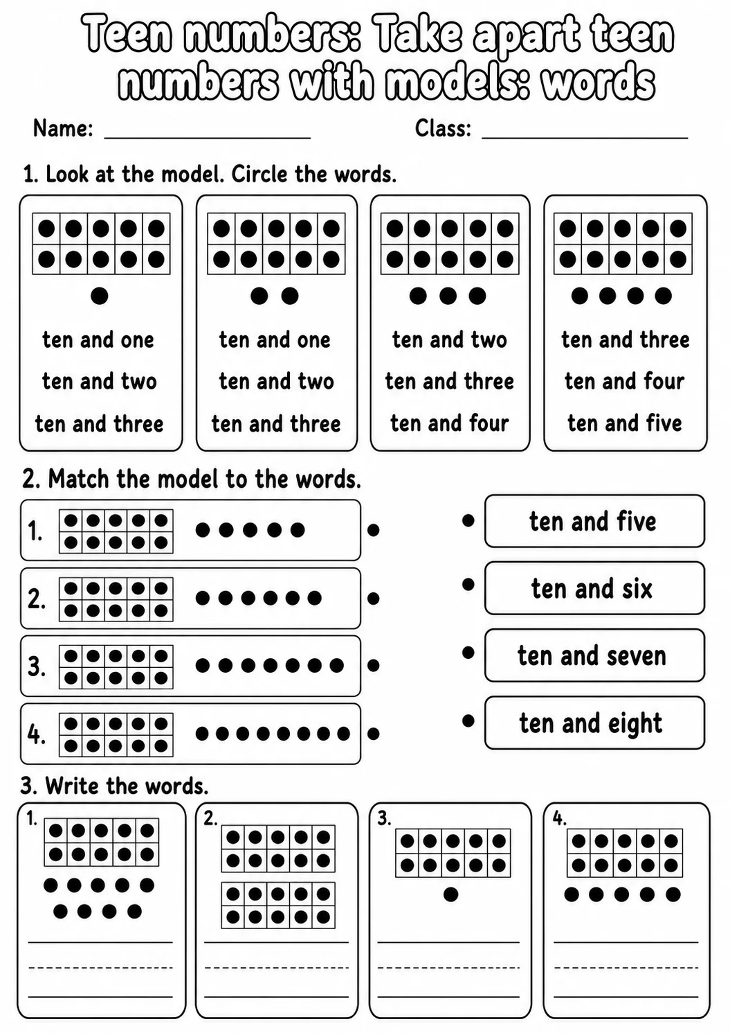 Kindergarten Teen Numbers Math Worksheet Pack page 3 printable worksheet preview