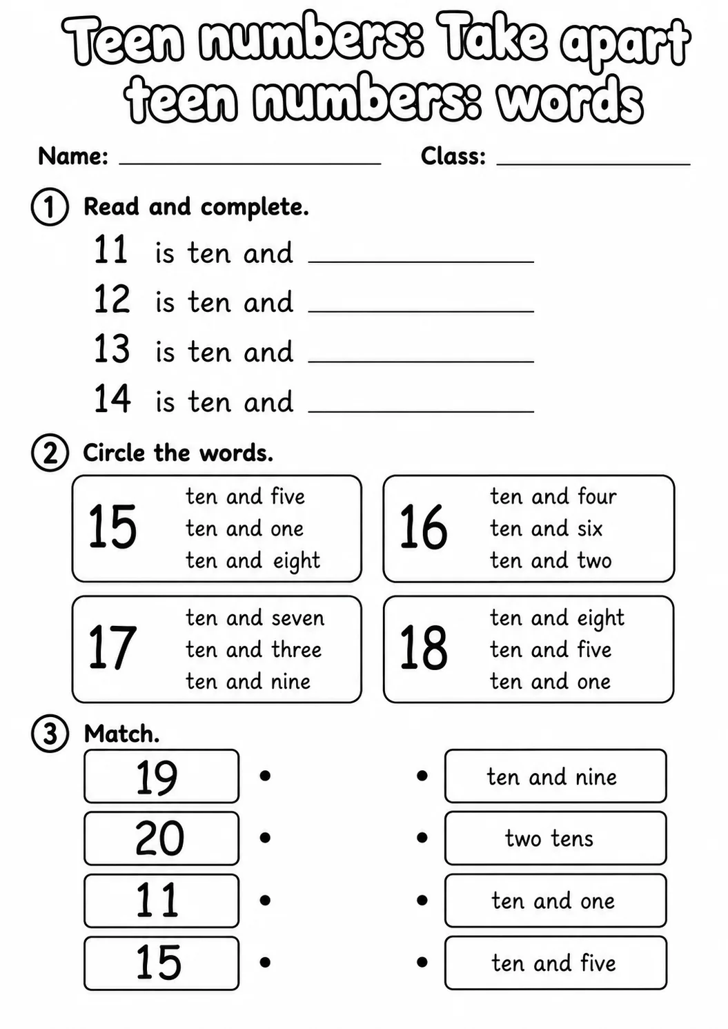 Kindergarten Teen Numbers Math Worksheet Pack page 4 printable worksheet preview