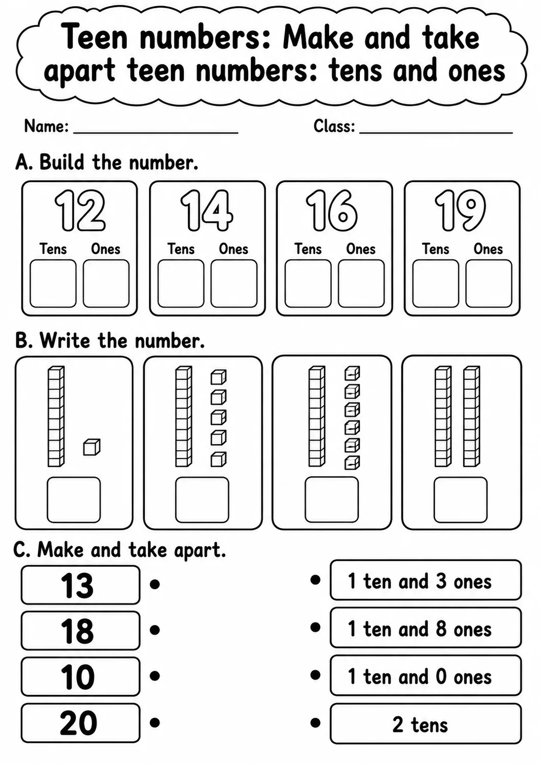 Kindergarten Teen Numbers Math Worksheet Pack page 6 printable worksheet preview