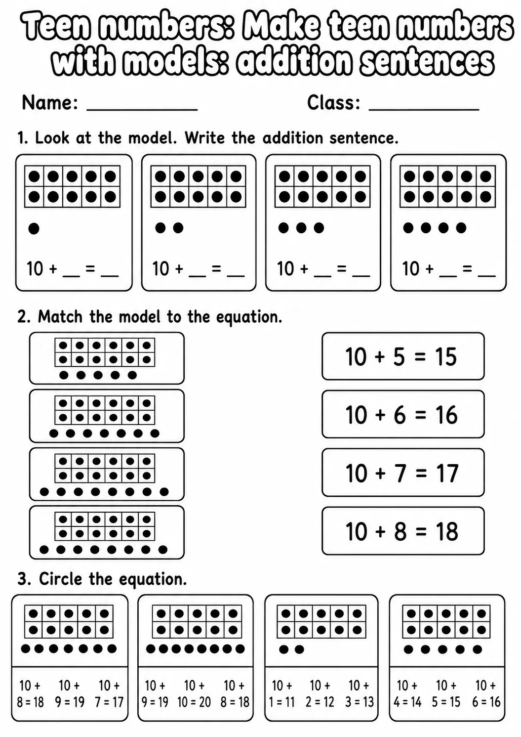 Kindergarten Teen Numbers Math Worksheet Pack page 7 printable worksheet preview