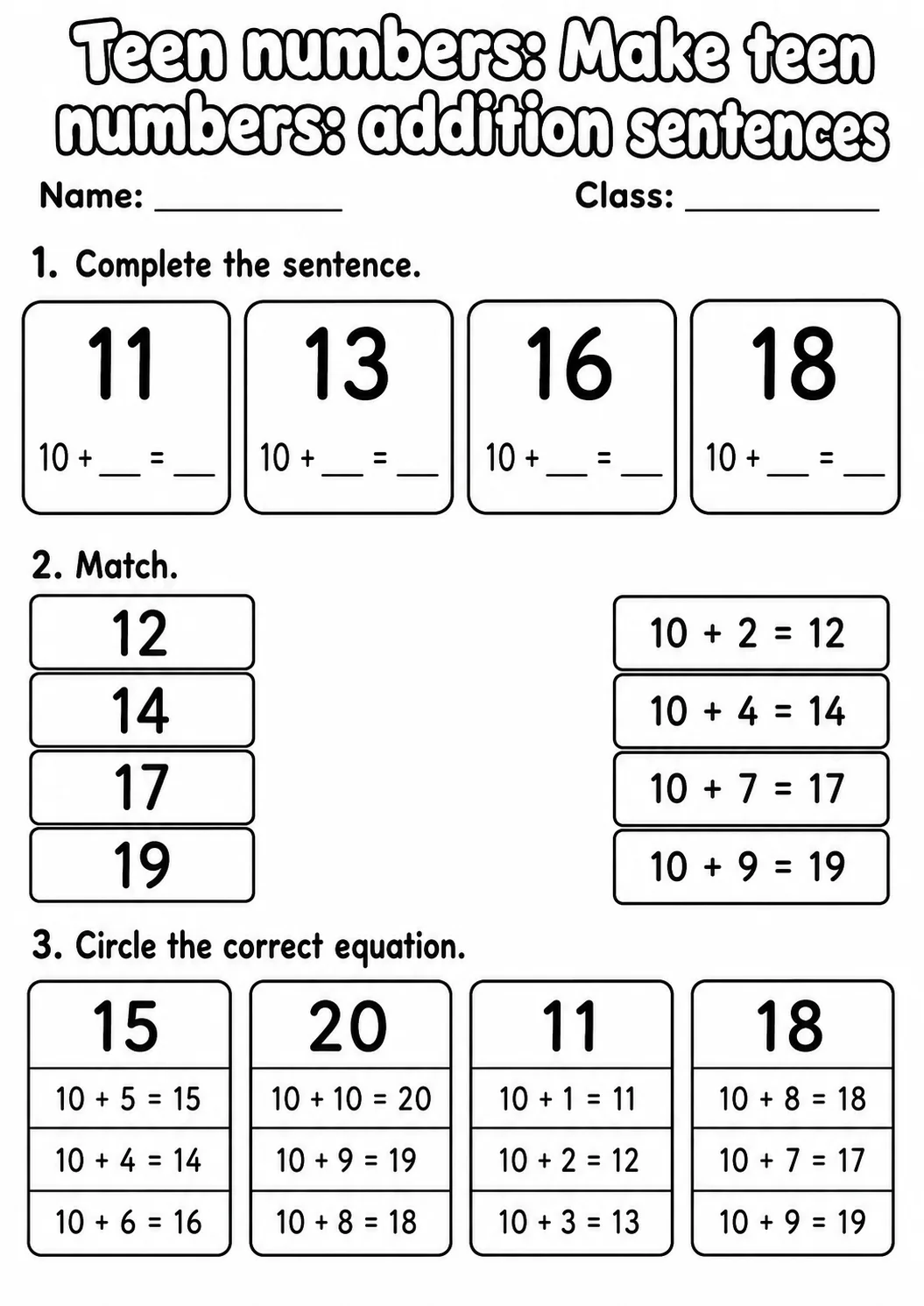 Kindergarten Teen Numbers Math Worksheet Pack page 8 printable worksheet preview
