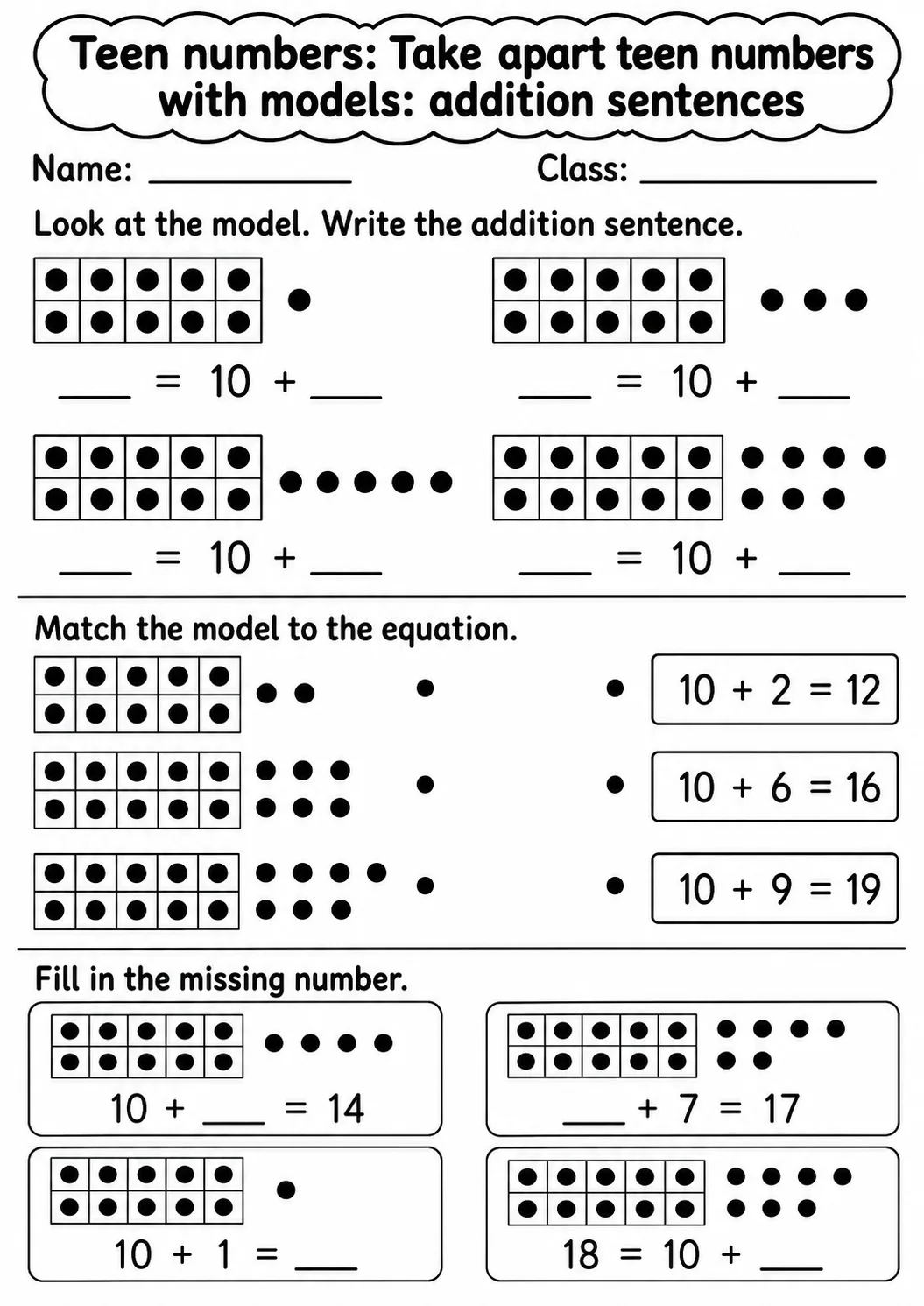 Kindergarten Teen Numbers Math Worksheet Pack page 9 printable worksheet preview