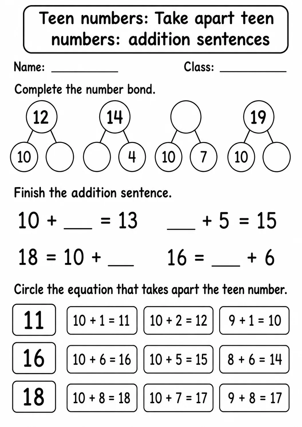 Kindergarten Teen Numbers Math Worksheet Pack page 10 printable worksheet preview