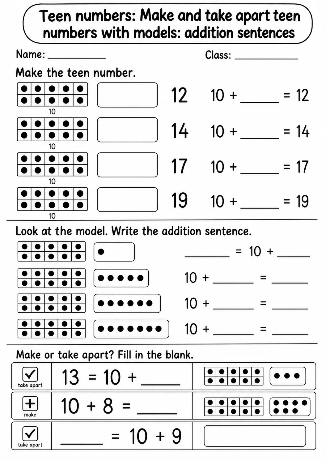 Kindergarten Teen Numbers Math Worksheet Pack page 11 printable worksheet preview