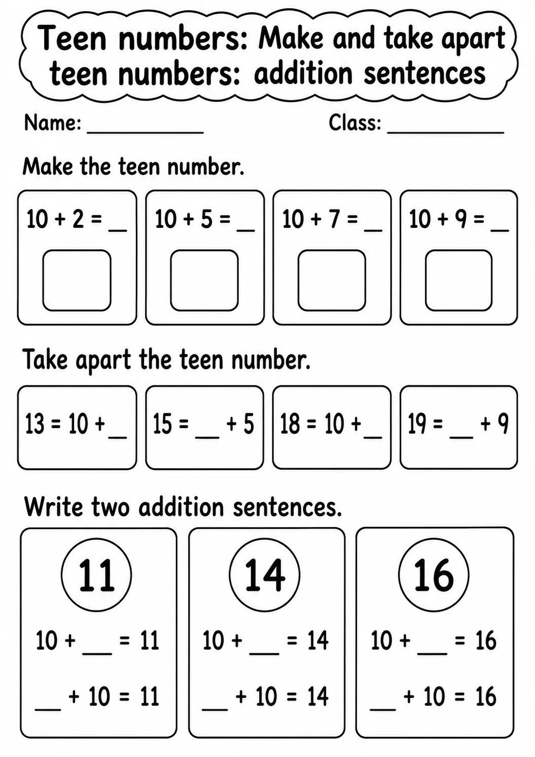 Kindergarten Teen Numbers Math Worksheet Pack page 12 printable worksheet preview