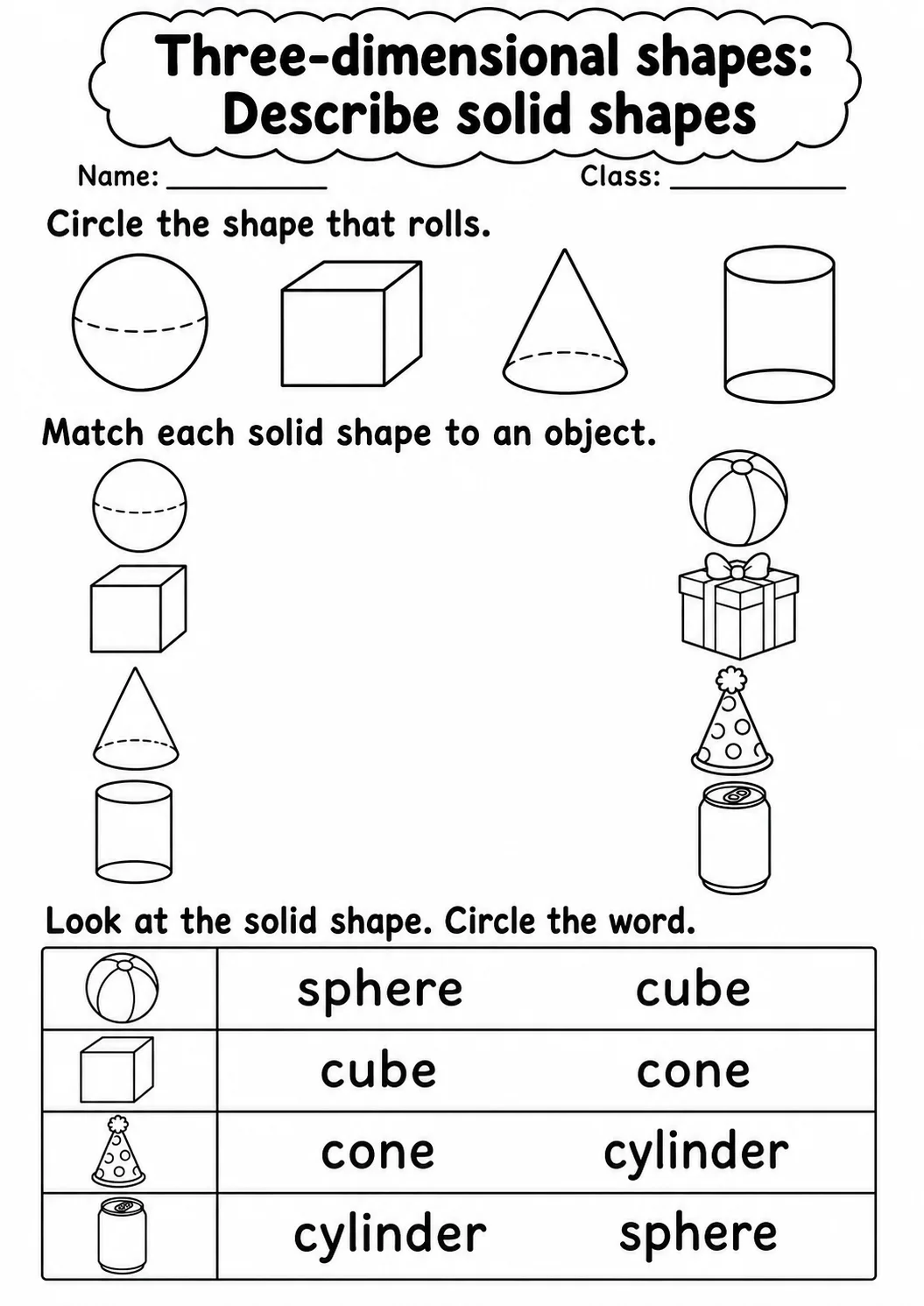 Kindergarten Three-dimensional Shapes Math Worksheet Pack page 2 printable worksheet preview