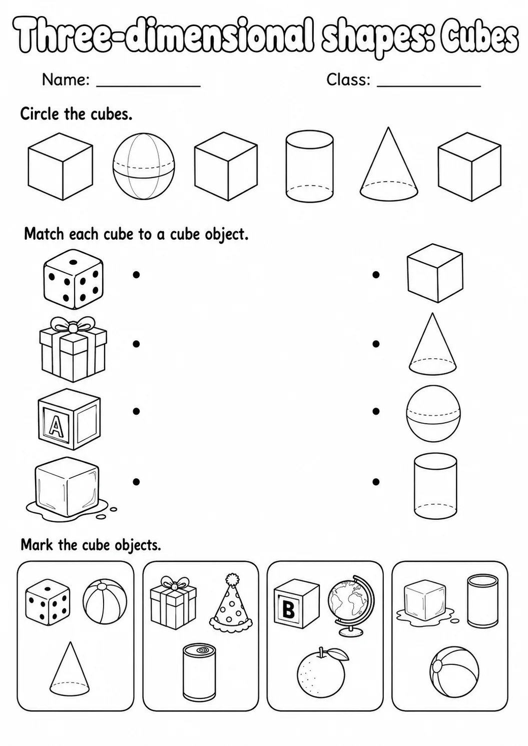 Kindergarten Three-dimensional Shapes Math Worksheet Pack page 4 printable worksheet preview