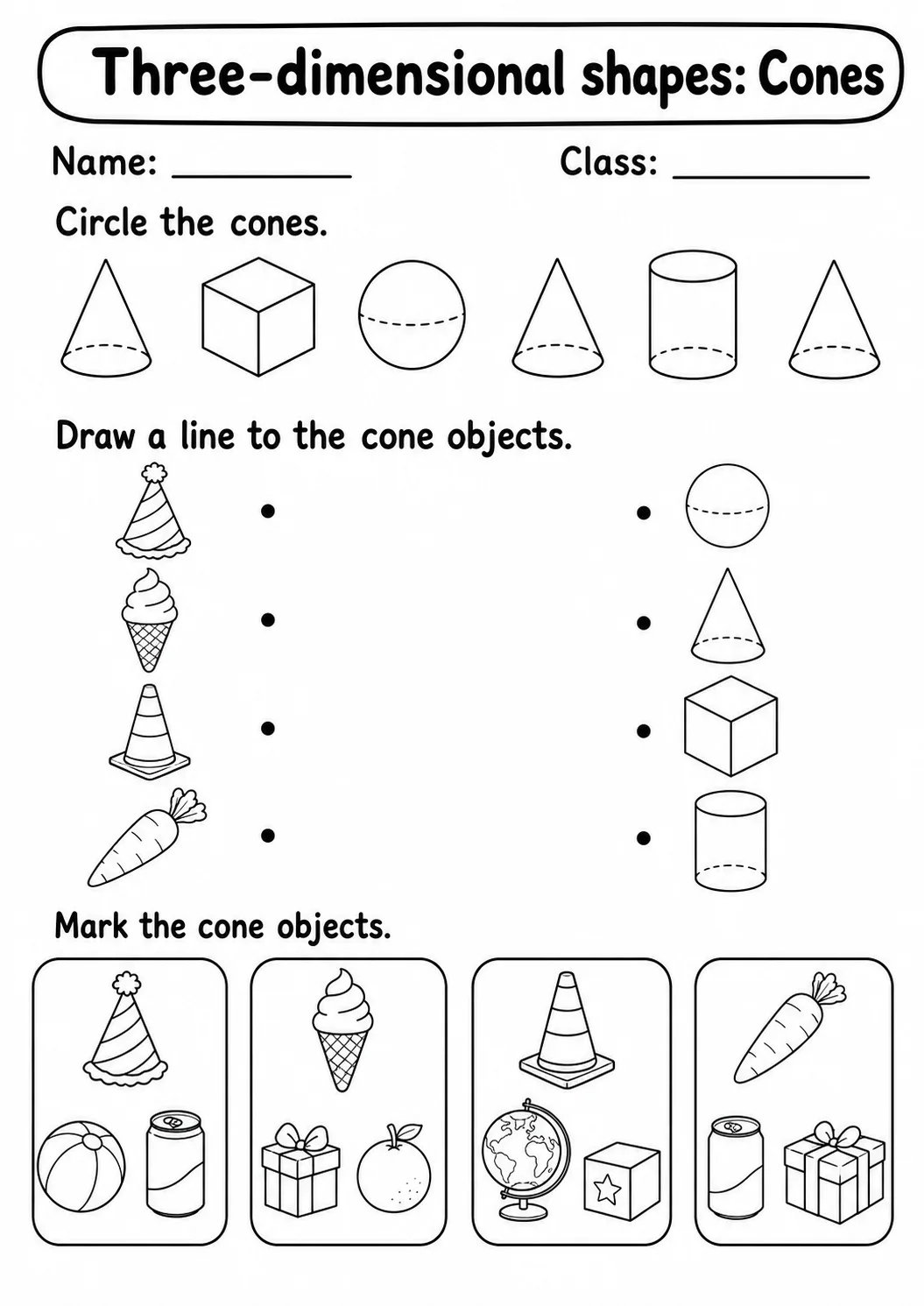 Kindergarten Three-dimensional Shapes Math Worksheet Pack page 5 printable worksheet preview