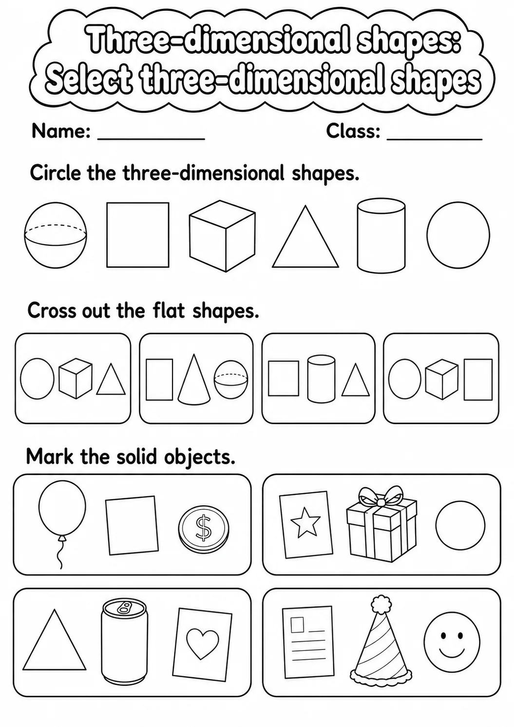 Kindergarten Three-dimensional Shapes Math Worksheet Pack page 7 printable worksheet preview