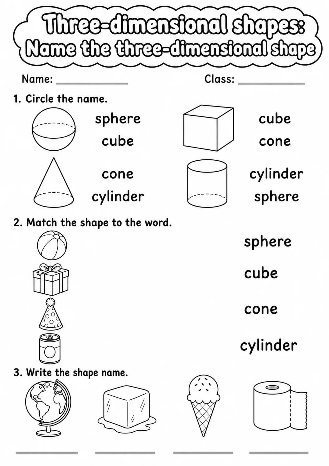Kindergarten Three-dimensional Shapes Math Worksheet Pack page 8 printable worksheet preview