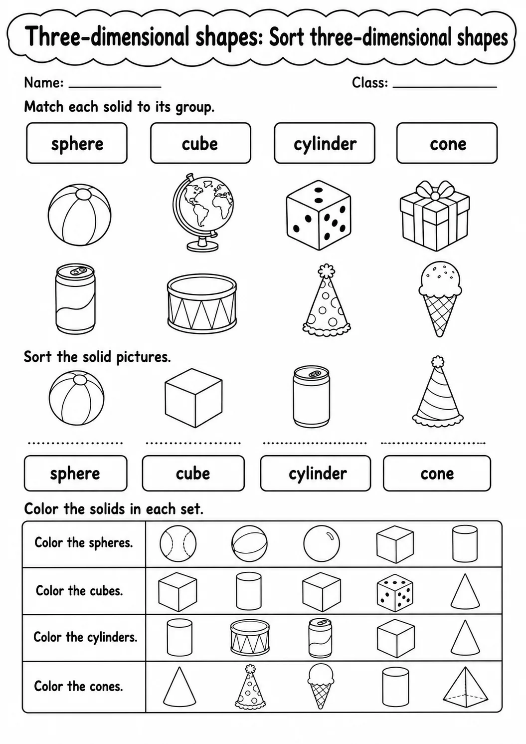 Kindergarten Three-dimensional Shapes Math Worksheet Pack page 10 printable worksheet preview