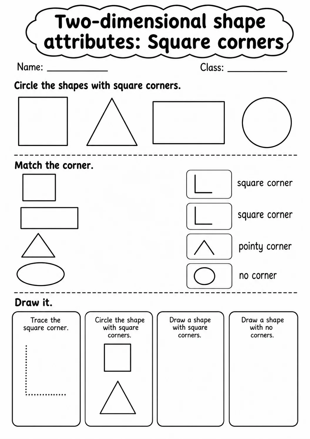 Kindergarten Two-dimensional Shape Attributes Math Worksheet Pack page 3 printable worksheet preview