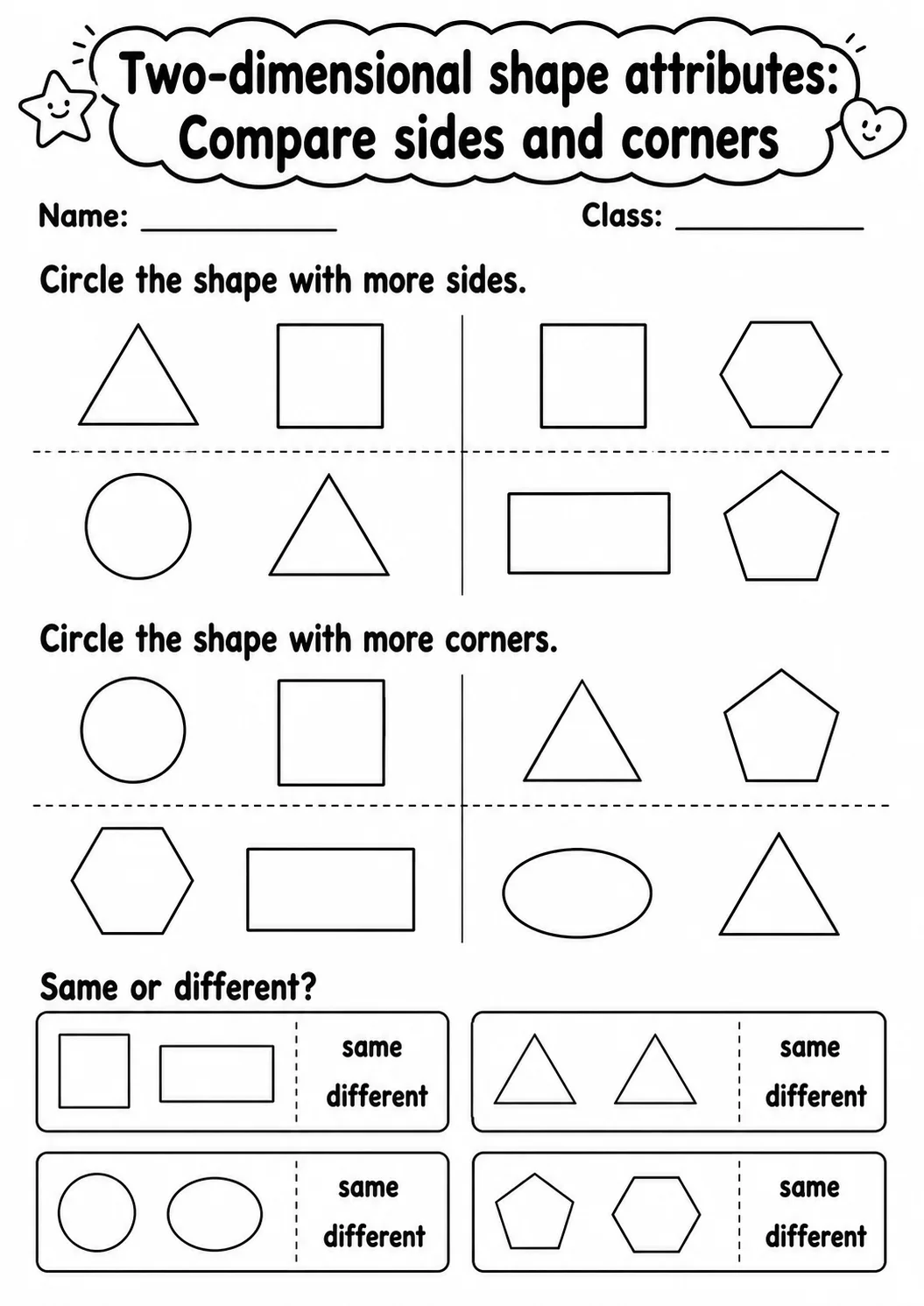 Kindergarten Two-dimensional Shape Attributes Math Worksheet Pack page 7 printable worksheet preview