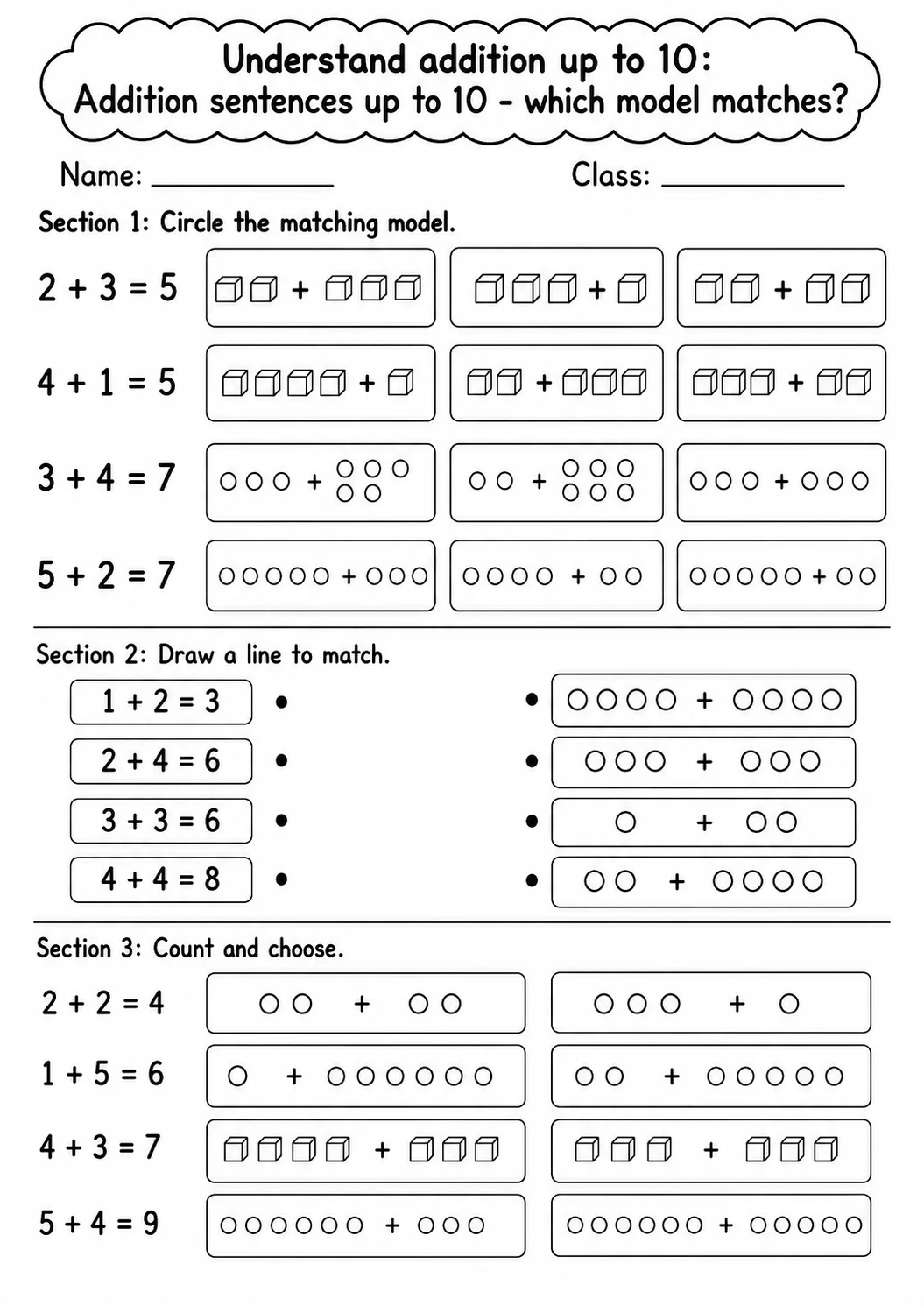 Kindergarten Understand Addition up to 10 Math Worksheet Pack page 3 printable worksheet preview