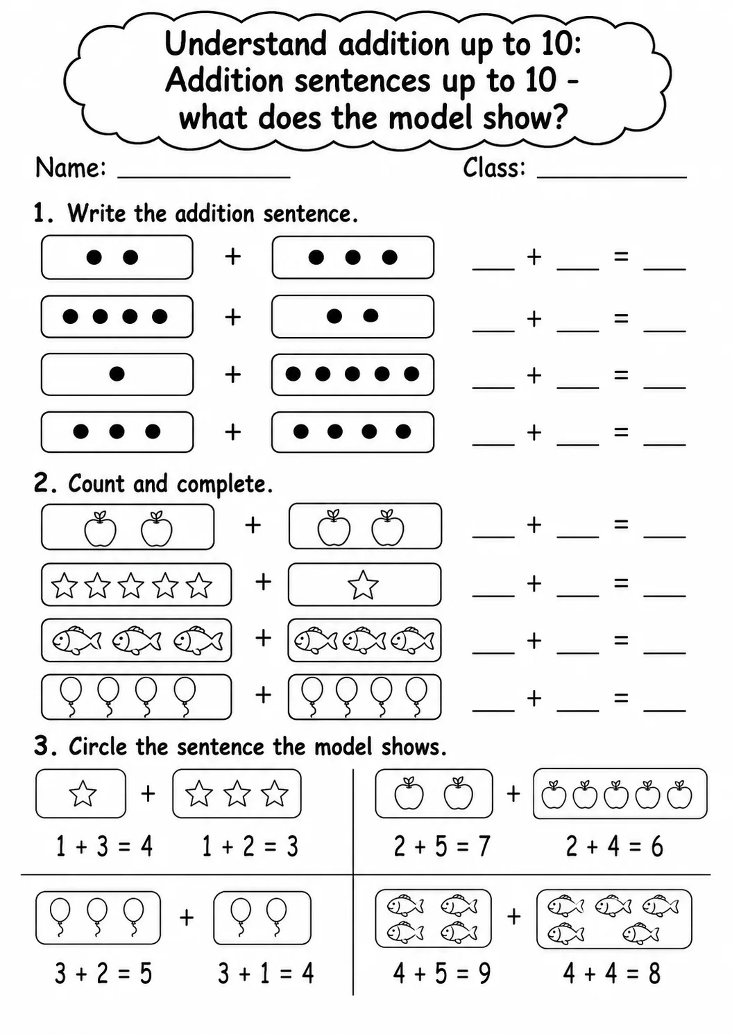 Kindergarten Understand Addition up to 10 Math Worksheet Pack page 4 printable worksheet preview