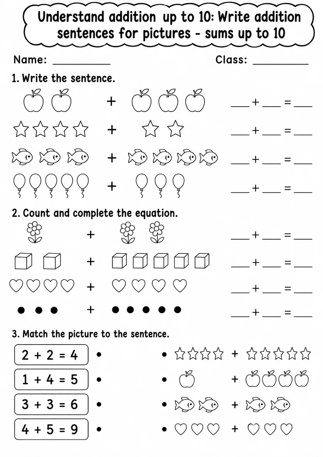 Kindergarten Understand Addition up to 10 Math Worksheet Pack page 5 printable worksheet preview