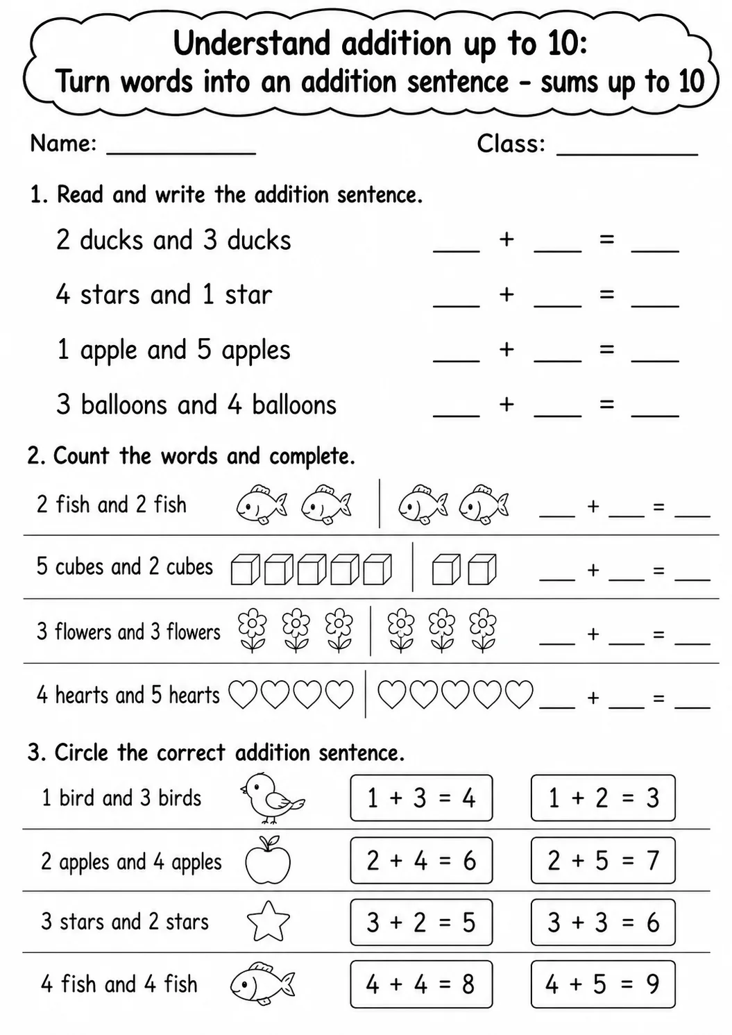 Kindergarten Understand Addition up to 10 Math Worksheet Pack page 6 printable worksheet preview