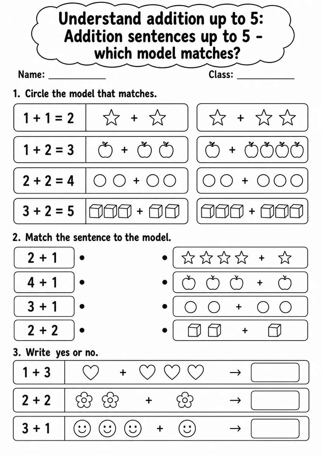Kindergarten Understand Addition up to 5 Math Worksheet Pack page 3 printable worksheet preview