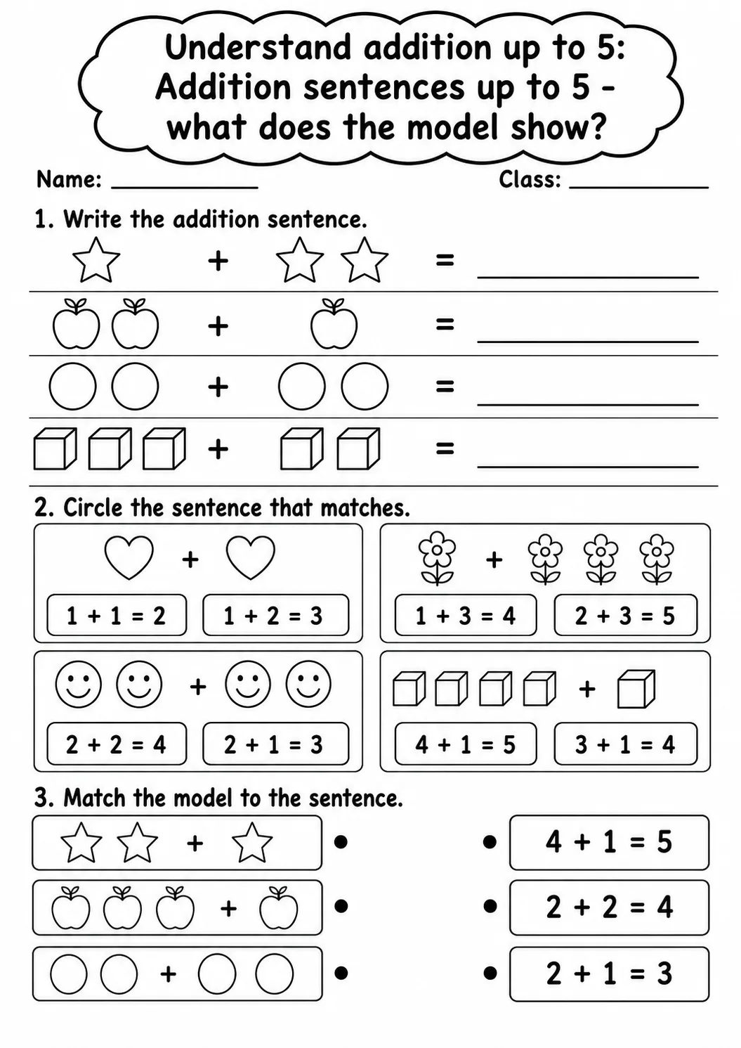 Kindergarten Understand Addition up to 5 Math Worksheet Pack page 4 printable worksheet preview