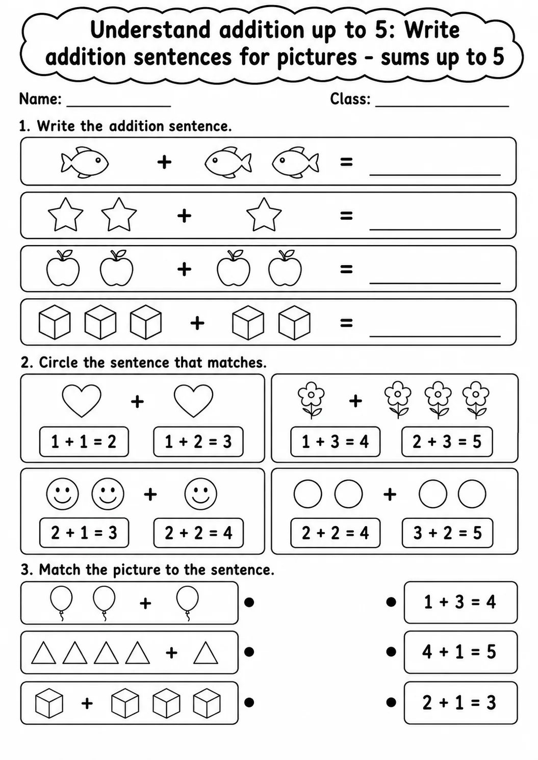 Kindergarten Understand Addition up to 5 Math Worksheet Pack page 5 printable worksheet preview