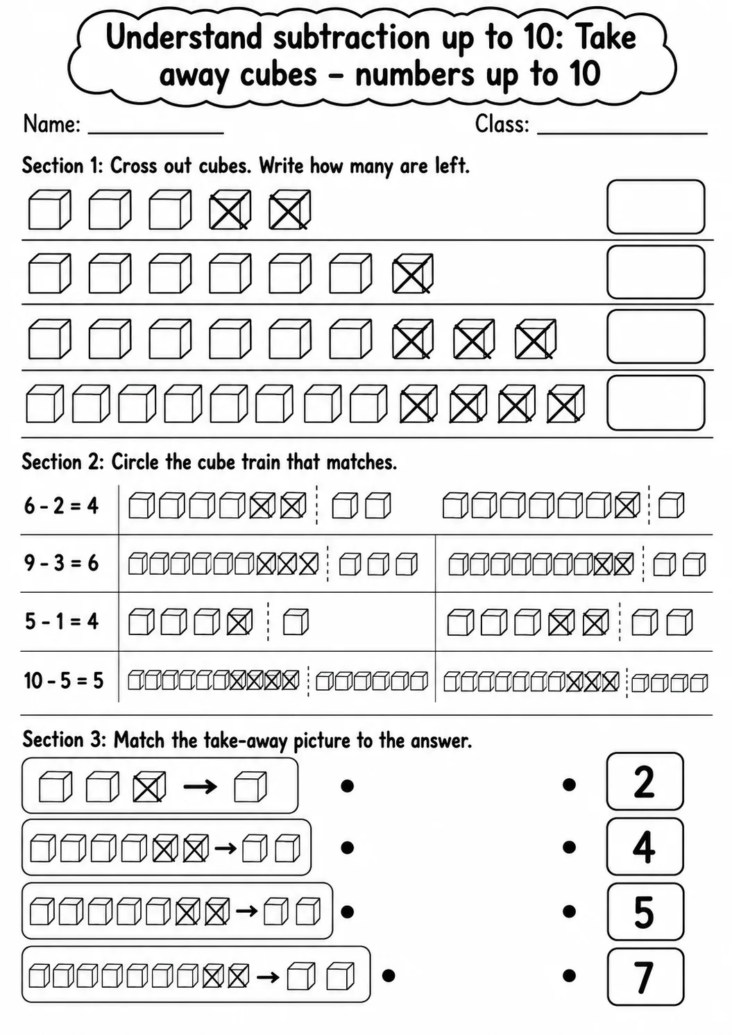 Kindergarten Understand Subtraction up to 10 Math Worksheet Pack printable worksheet pack preview