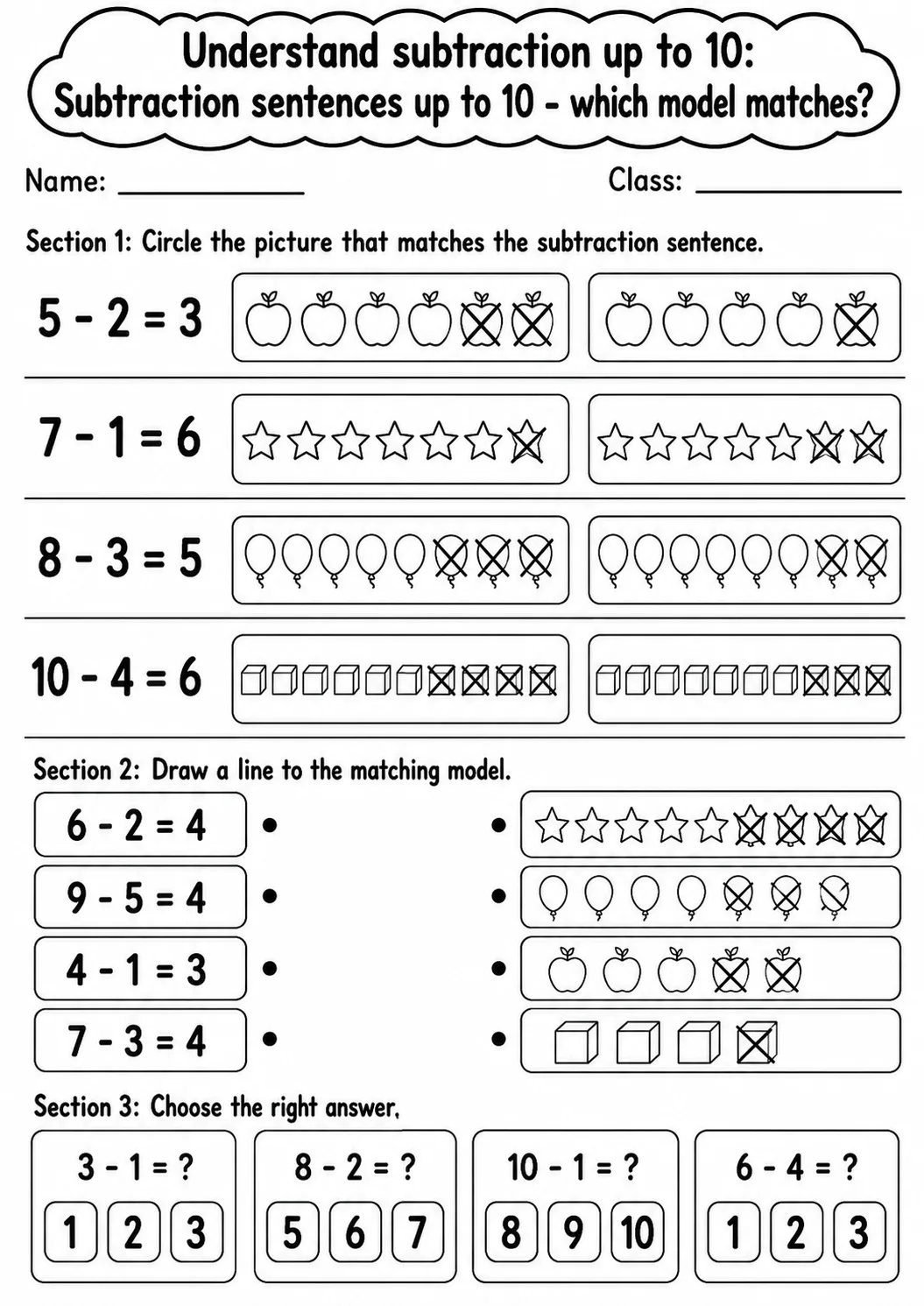 Kindergarten Understand Subtraction up to 10 Math Worksheet Pack page 2 printable worksheet preview
