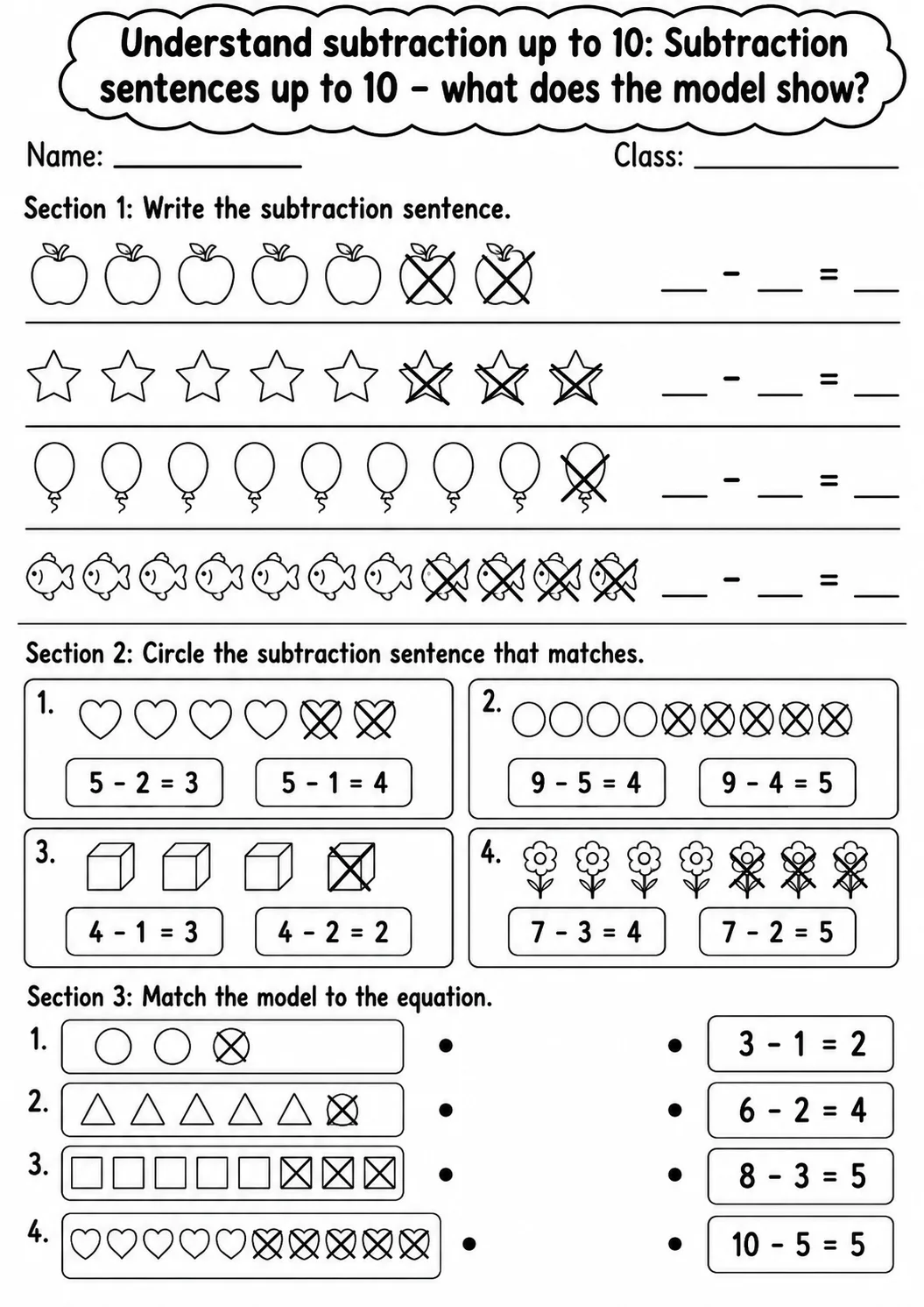 Kindergarten Understand Subtraction up to 10 Math Worksheet Pack page 3 printable worksheet preview